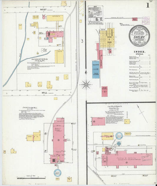 Sanborn Fire Insurance Map from Shelby, Cleveland County, North Carolina (1905), Sheet #0001 - Historic Sanborn Fire Insurance Map Print, vintage old map wall art, antique decor, genealogy gift, North Carolina North Carolina map