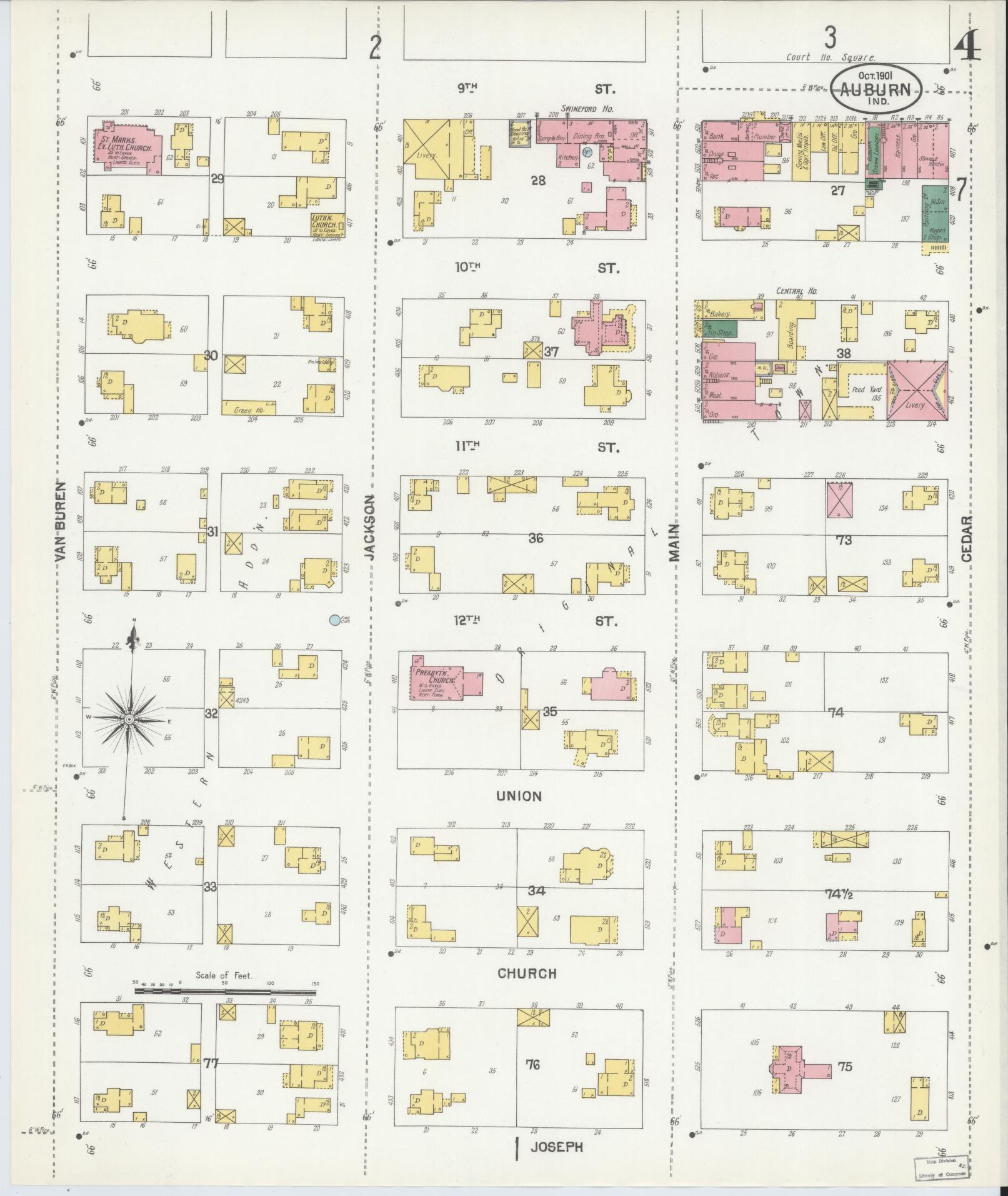 Sanborn Fire Insurance Map from Auburn, De Kalb County, Indiana (1901), Sheet #0004 - Historic Sanborn Fire Insurance Map Print, vintage old map wall art, antique decor, genealogy gift, Indiana Indiana map