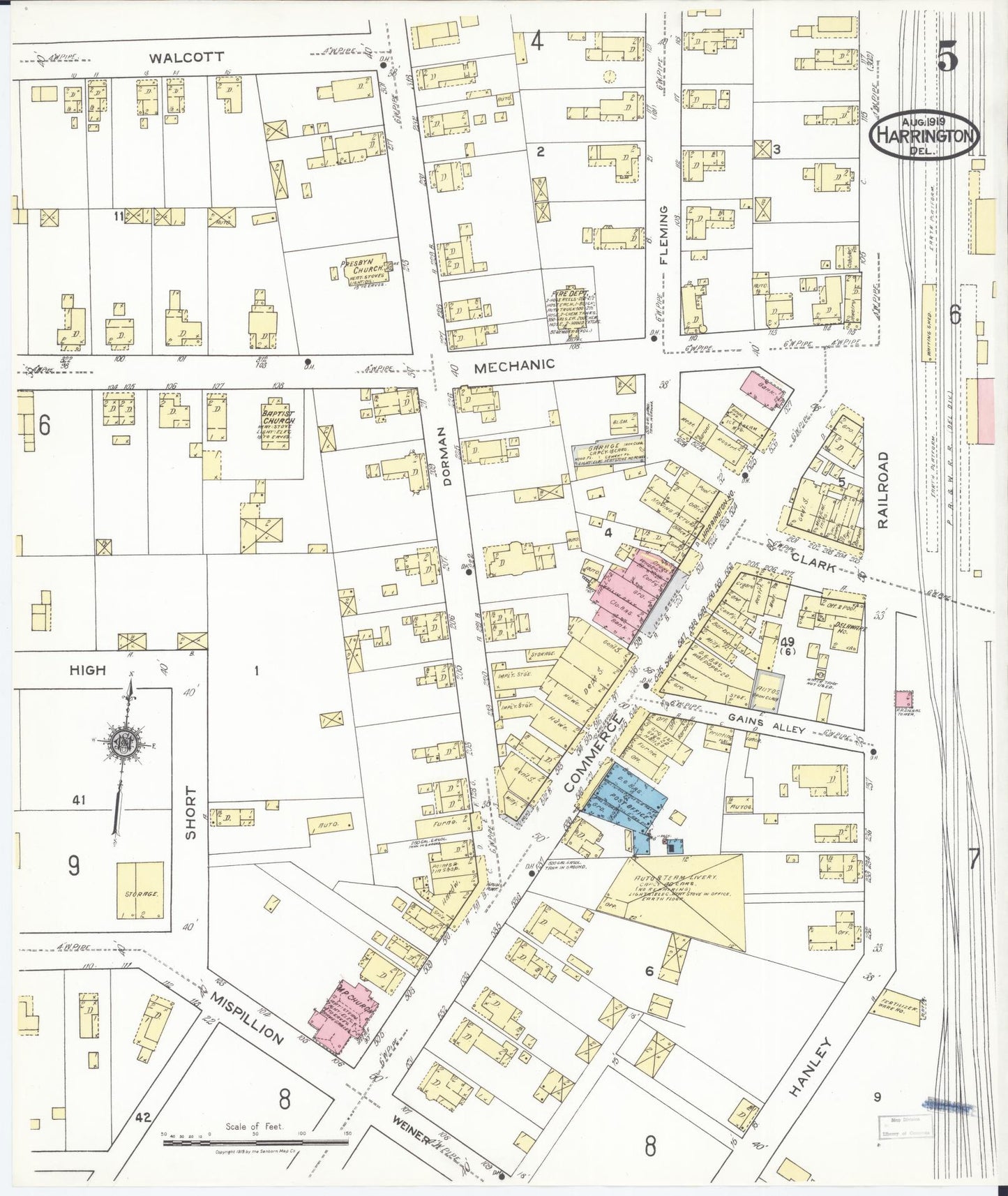 Sanborn Fire Insurance Map from Harrington, Kent County, Delaware (1919), Sheet #0005 - Historic Sanborn Fire Insurance Map Print, vintage old map wall art, antique decor, genealogy gift, Delaware Delaware map