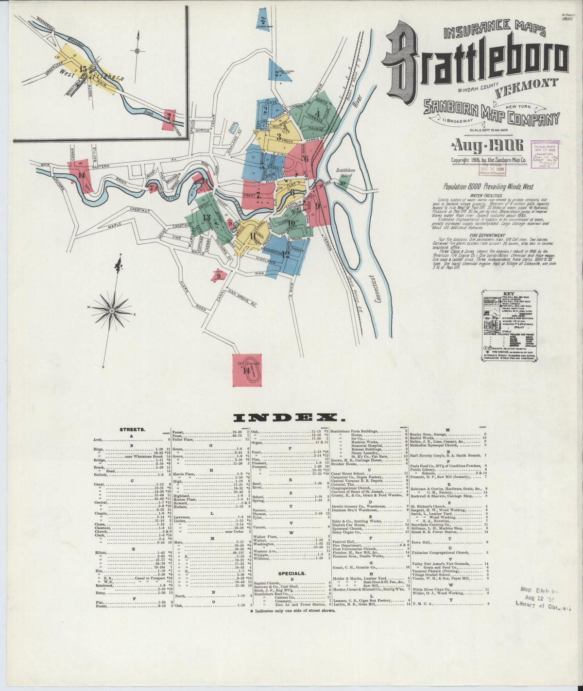 Sanborn Fire Insurance Map from Brattleboro, Windham County, Vermont (1906), Sheet #0001 - Historic Sanborn Fire Insurance Map Print, vintage old map wall art, antique decor, genealogy gift, Vermont Vermont map