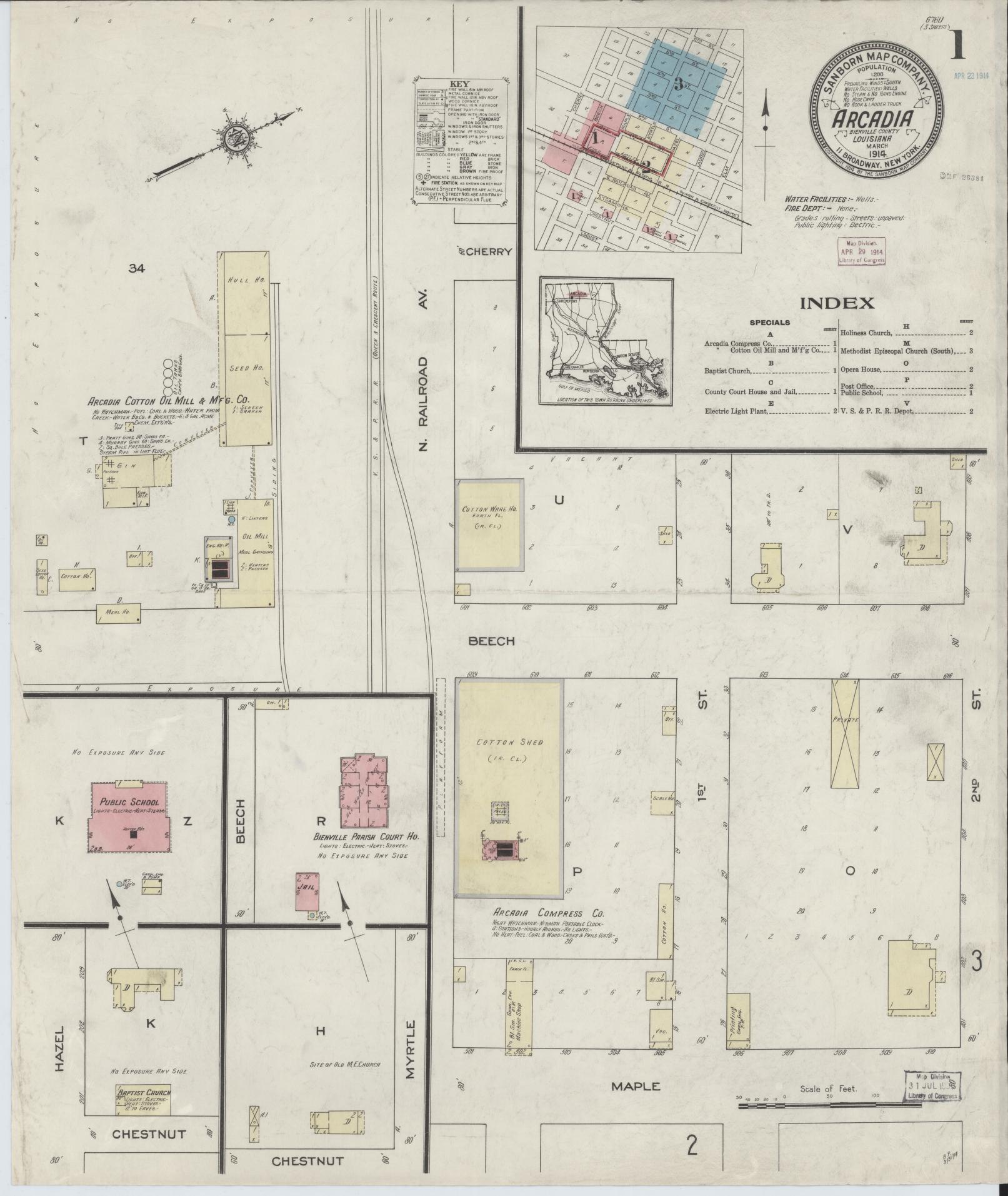 Sanborn Fire Insurance Map from Arcadia, Bienville Parish, Louisiana (1914), Sheet #0001 - Historic Sanborn Fire Insurance Map Print, vintage old map wall art, antique decor, genealogy gift, Louisiana Louisiana map