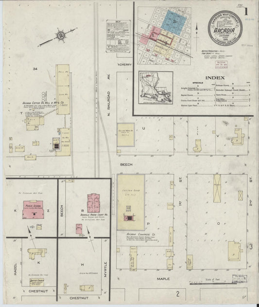 Sanborn Fire Insurance Map from Arcadia, Bienville Parish, Louisiana (1914), Sheet #0001 - Historic Sanborn Fire Insurance Map Print, vintage old map wall art, antique decor, genealogy gift, Louisiana Louisiana map