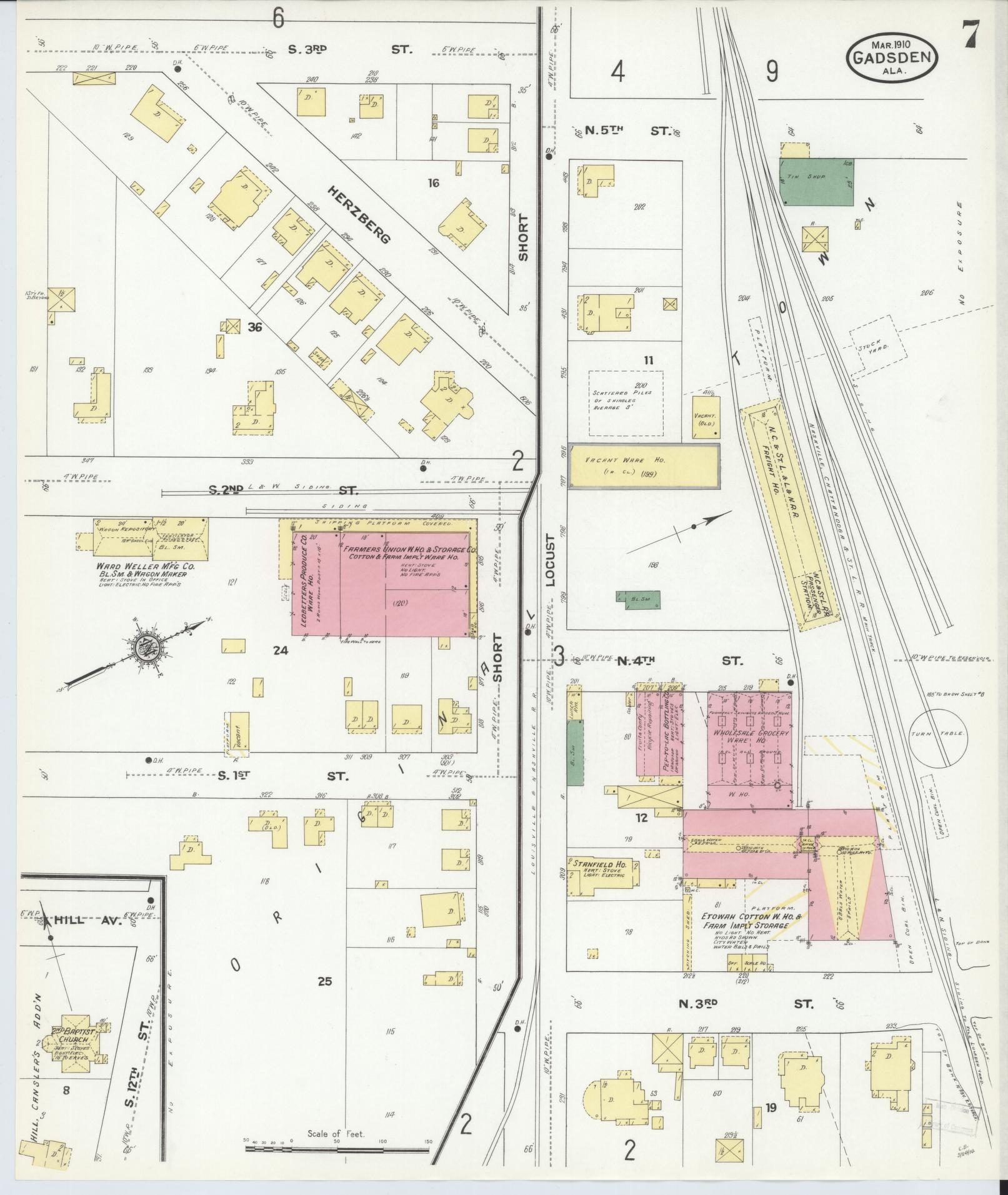 Sanborn Fire Insurance Map from Gadsden, Etowah County, Alabama (1910), Sheet #0007 - Historic Sanborn Fire Insurance Map Print, vintage old map wall art, antique decor, genealogy gift, Alabama Alabama map