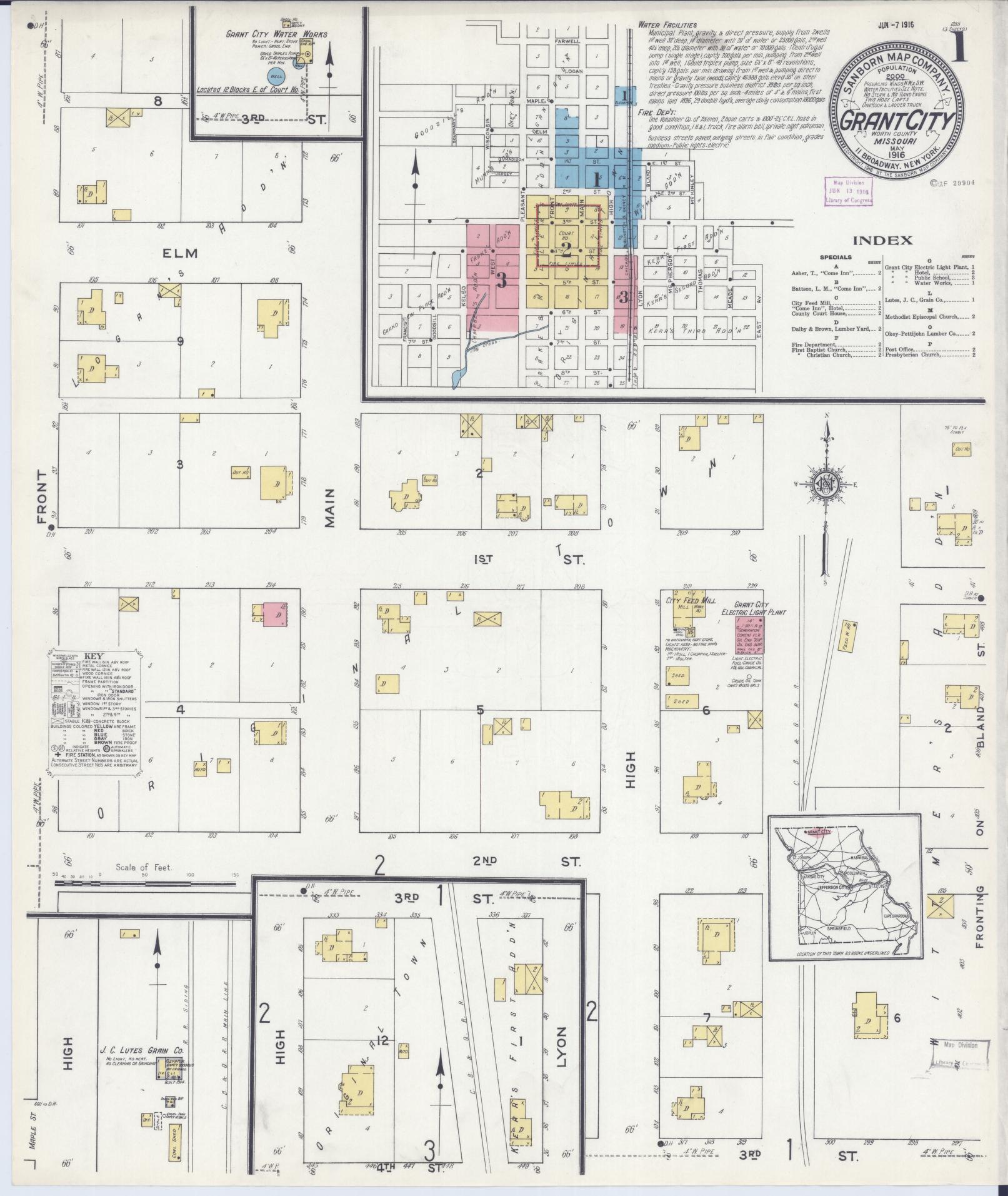 Sanborn Fire Insurance Map from Grant City, Worth County, Missouri (1916), Sheet #0001 - Historic Sanborn Fire Insurance Map Print, vintage old map wall art, antique decor, genealogy gift, Missouri Missouri map