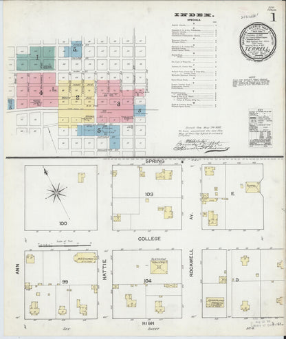 Sanborn Fire Insurance Map from Terrell, Kaufman County, Texas (1892), Sheet #0001 - Historic Sanborn Fire Insurance Map Print, vintage old map wall art, antique decor, genealogy gift, Texas Texas map