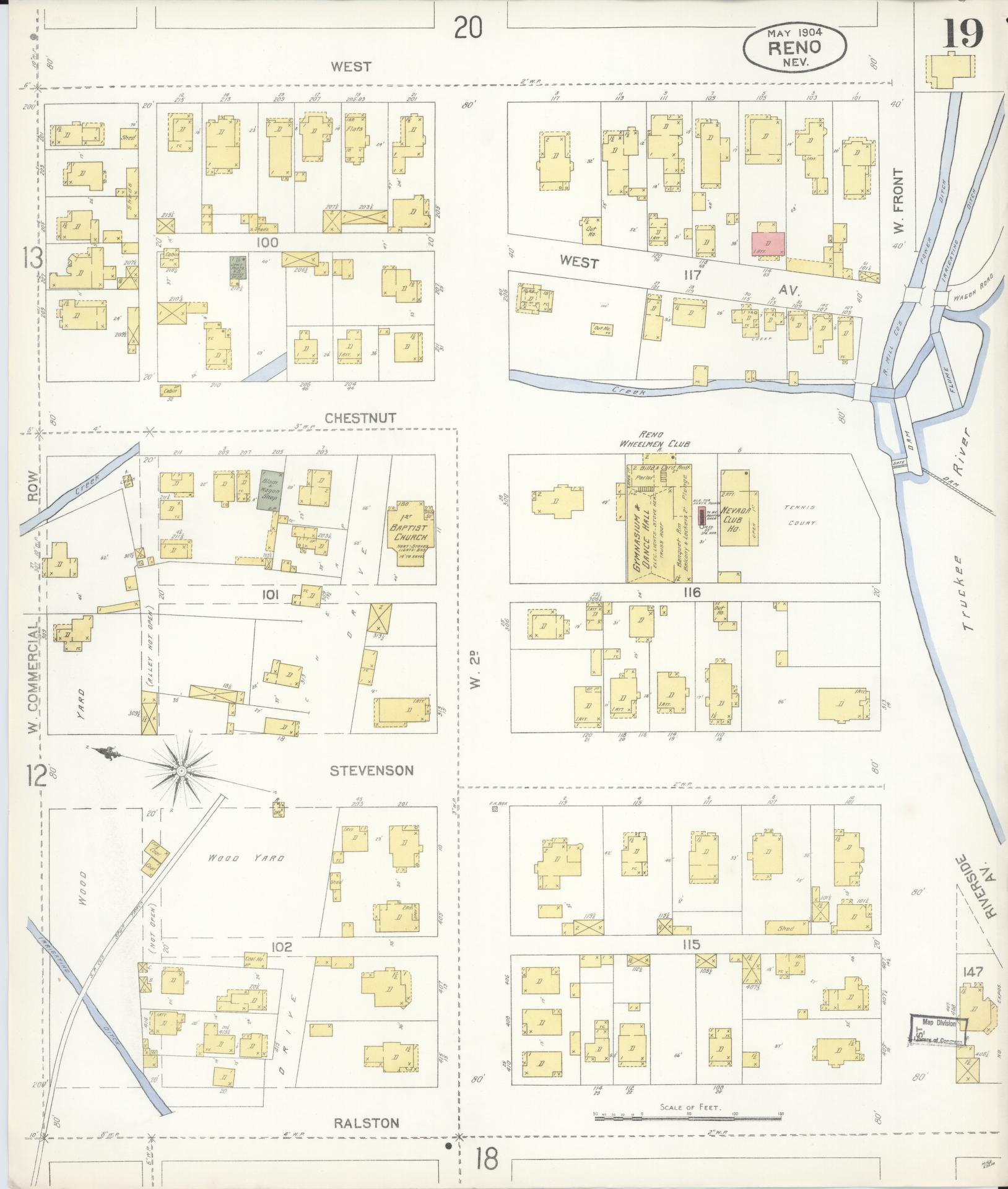 Sanborn Fire Insurance Map from Reno, Washoe County, Nevada (1904), Sheet #0019 - Historic Sanborn Fire Insurance Map Print, vintage old map wall art, antique decor, genealogy gift, Nevada Nevada map