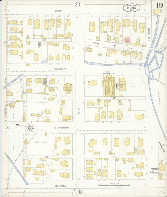 Sanborn Fire Insurance Map from Reno, Washoe County, Nevada (1904), Sheet #0019 - Historic Sanborn Fire Insurance Map Print, vintage old map wall art, antique decor, genealogy gift, Nevada Nevada map