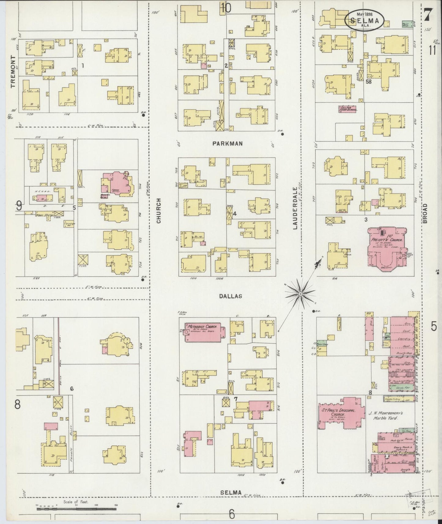Sanborn Fire Insurance Map from Selma, Dallas County, Alabama (1898), Sheet #0007 - Complete Map Set gallery image, historic Sanborn map, vintage wall art, Alabama Alabama