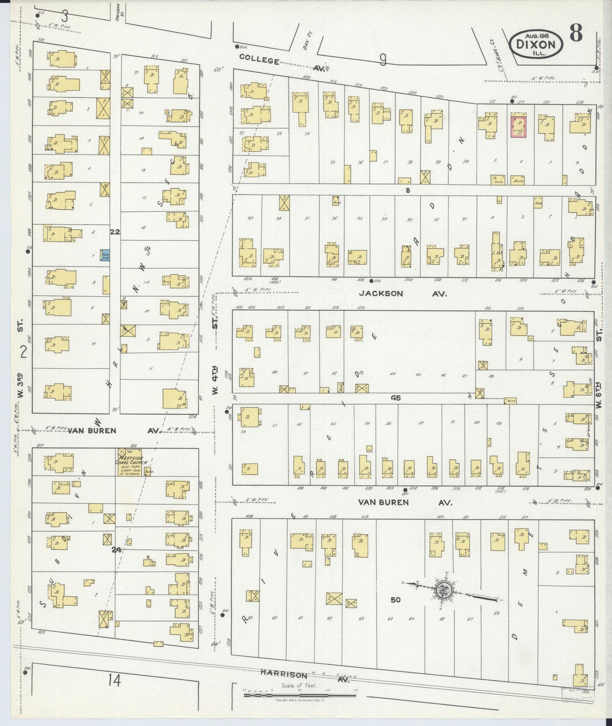 Sanborn Fire Insurance Map from Dixon, Lee County, Illinois (1918), Sheet #0008 - Complete Map Set gallery image, historic Sanborn map, vintage wall art, Illinois Illinois