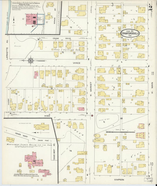 Sanborn Fire Insurance Map from Crawfordsville, Montgomery County, Indiana (1913), Sheet #0002 - Historic Sanborn Fire Insurance Map Print, vintage old map wall art, antique decor, genealogy gift, Indiana Indiana map