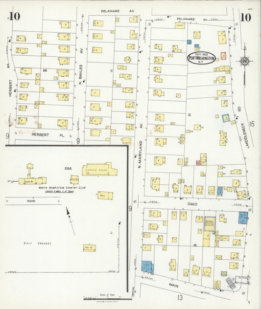 Sanborn Fire Insurance Map from Port Washington, Nassau County, New York (1925), Sheet #0010 - Historic Sanborn Fire Insurance Map Print, vintage old map wall art, antique decor, genealogy gift, New York New York map