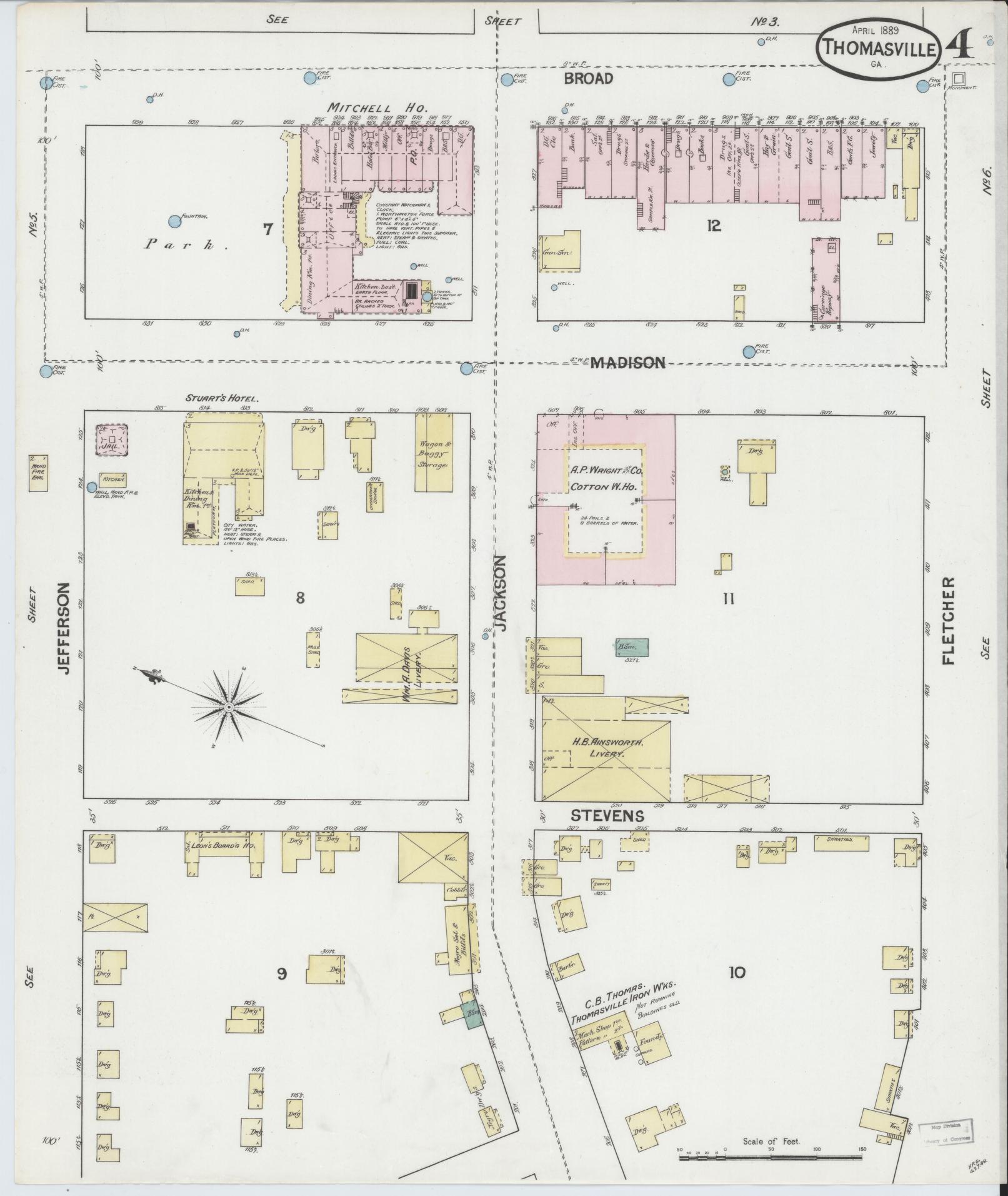 Sanborn Fire Insurance Map from Thomasville, Thomas County, Georgia (1889), Sheet #0004 - Historic Sanborn Fire Insurance Map Print, vintage old map wall art, antique decor, genealogy gift, Georgia Georgia map