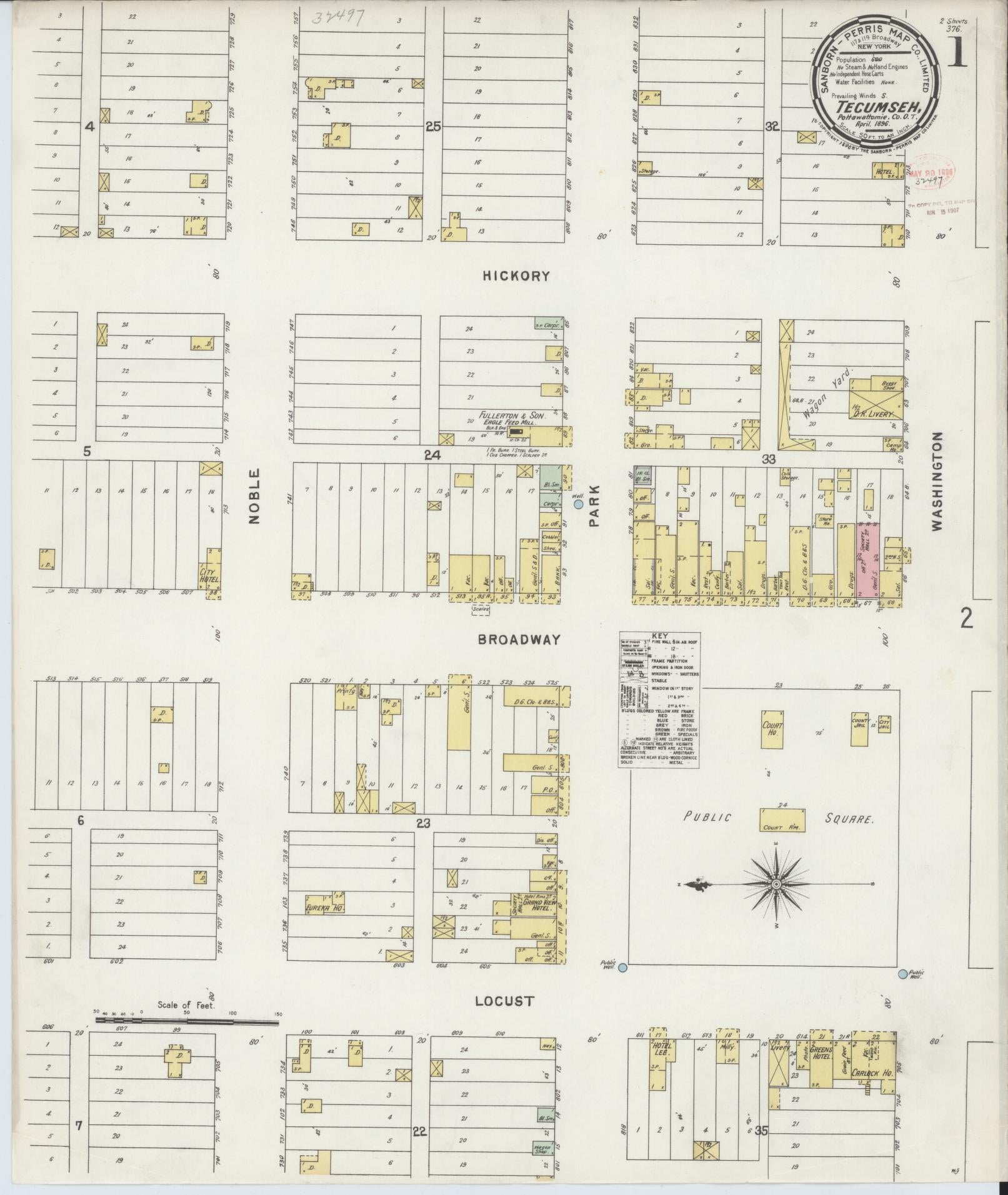 Sanborn Fire Insurance Map from Tecumseh, Pottawatomie County, Oklahoma (1896), Sheet #0001 - Historic Sanborn Fire Insurance Map Print, vintage old map wall art, antique decor, genealogy gift, Oklahoma Oklahoma map