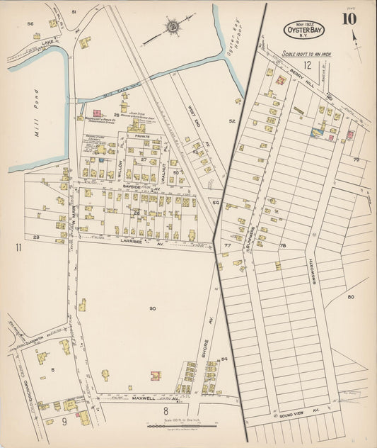 Sanborn Fire Insurance Map from Oyster Bay, Nassau County, New York (1922), Sheet #0010 - Historic Sanborn Fire Insurance Map Print, vintage old map wall art, antique decor, genealogy gift, New York New York map