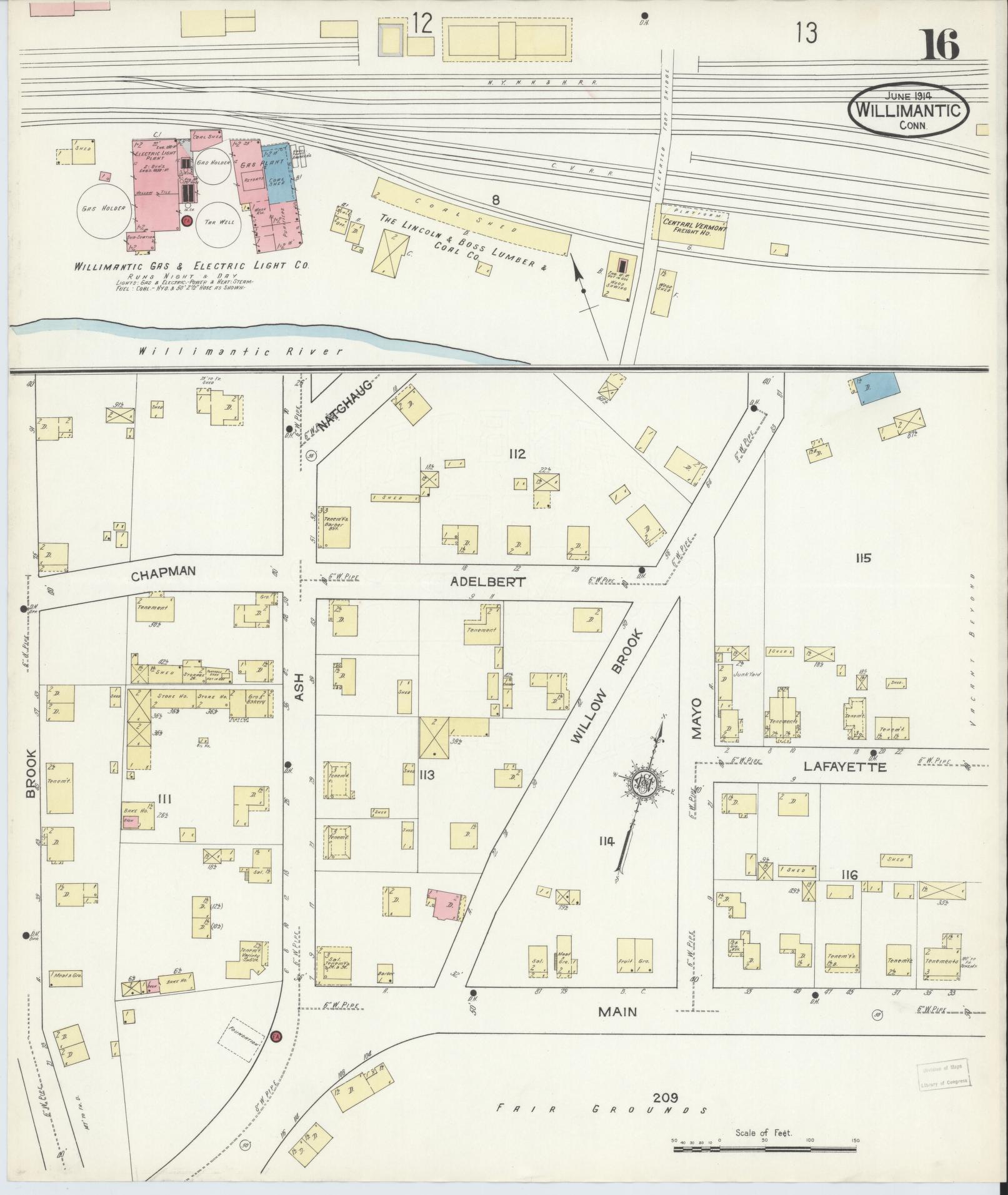 Sanborn Fire Insurance Map from Willimantic, Windham County, Connecticut (1914), Sheet #0016 - Historic Sanborn Fire Insurance Map Print, vintage old map wall art, antique decor, genealogy gift, Connecticut Connecticut map