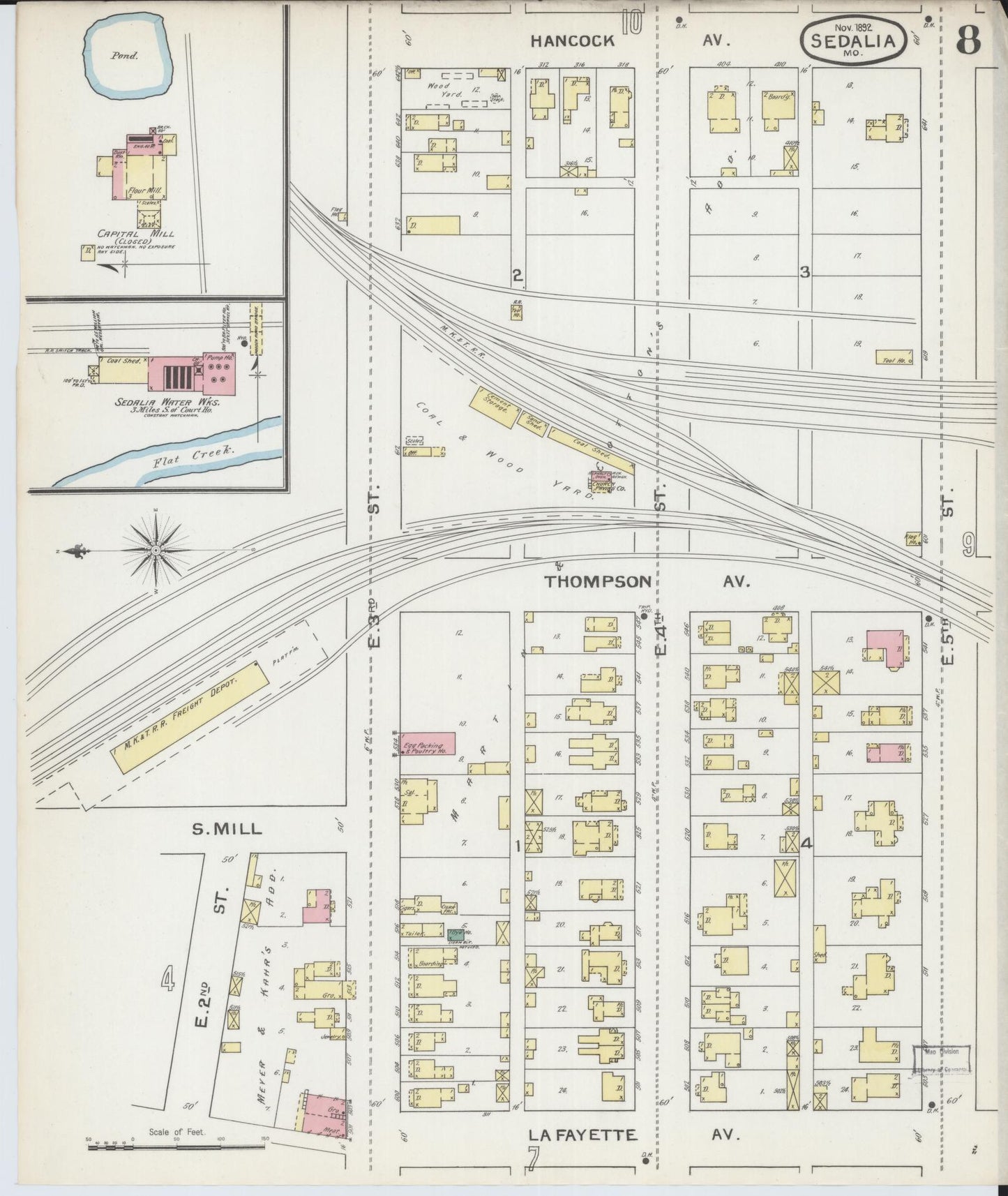 Sanborn Fire Insurance Map from Sedalia, Pettis County, Missouri (1892), Sheet #0008 - Historic Sanborn Fire Insurance Map Print, vintage old map wall art, antique decor, genealogy gift, Missouri Missouri map