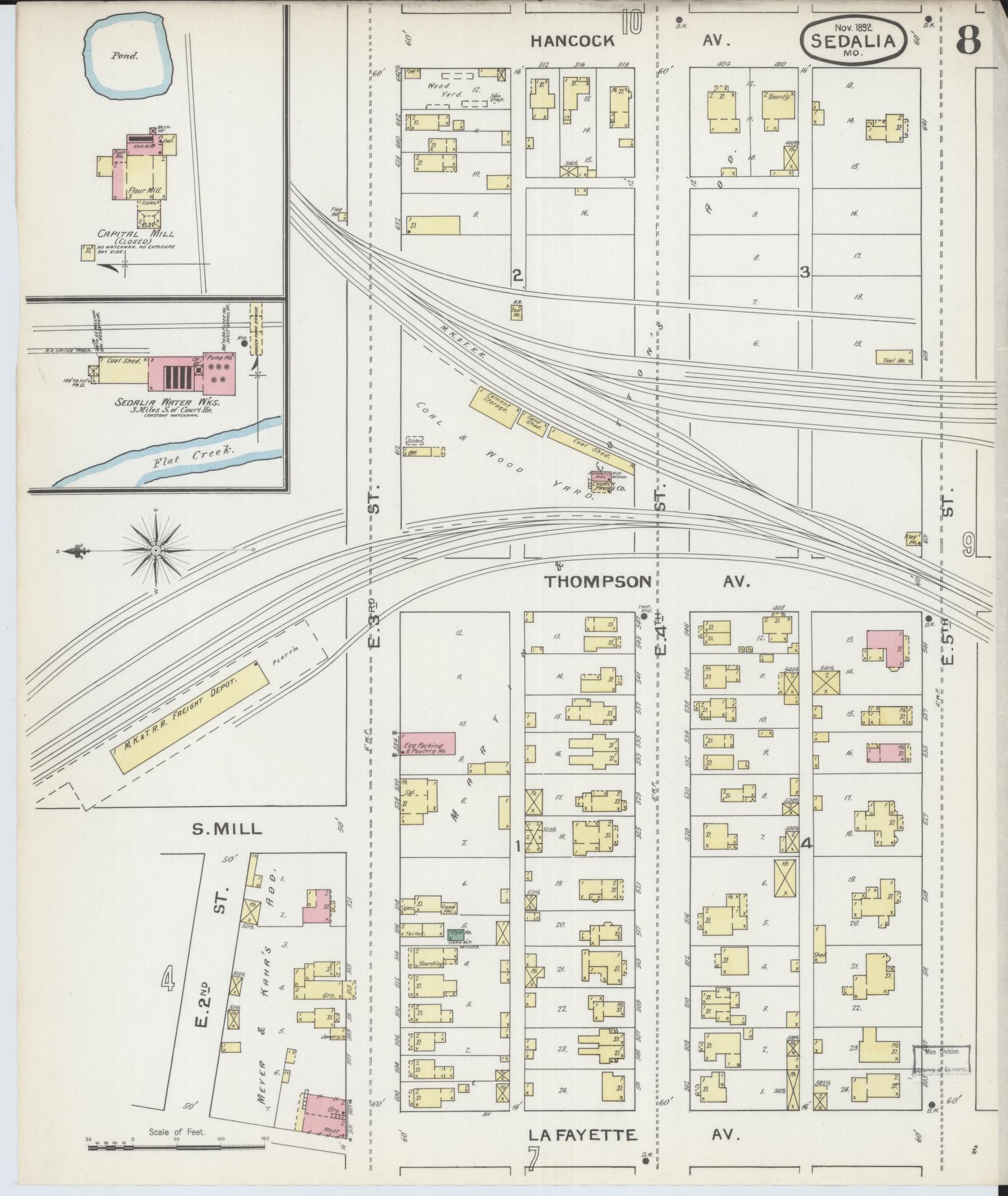 Sanborn Fire Insurance Map from Sedalia, Pettis County, Missouri (1892), Sheet #0008 - Historic Sanborn Fire Insurance Map Print, vintage old map wall art, antique decor, genealogy gift, Missouri Missouri map