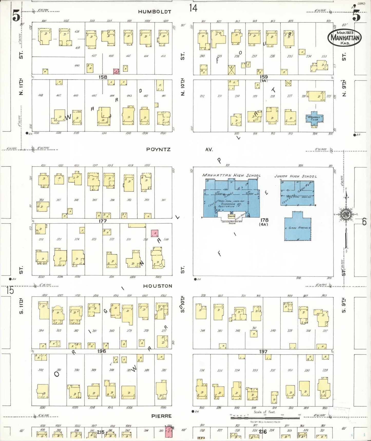 Sanborn Fire Insurance Map from Manhattan, Riley County, Kansas (1923), Sheet #0005 - Historic Sanborn Fire Insurance Map Print, vintage old map wall art, antique decor, genealogy gift, Kansas Kansas map