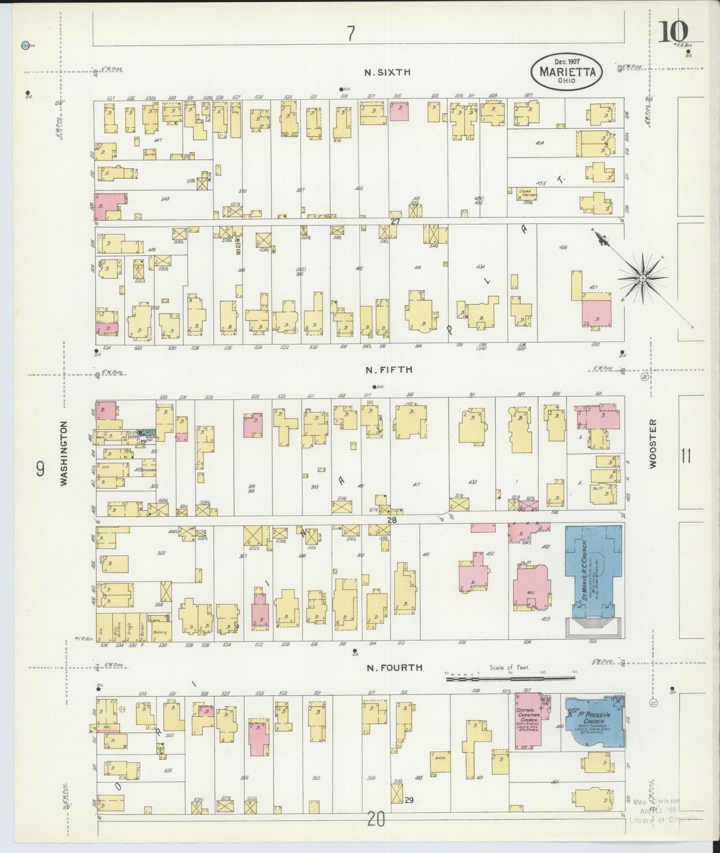 Sanborn Fire Insurance Map from Marietta, Washington County, Ohio (1907), Sheet #0010 - Historic Sanborn Fire Insurance Map Print, vintage old map wall art, antique decor, genealogy gift, Ohio Ohio map