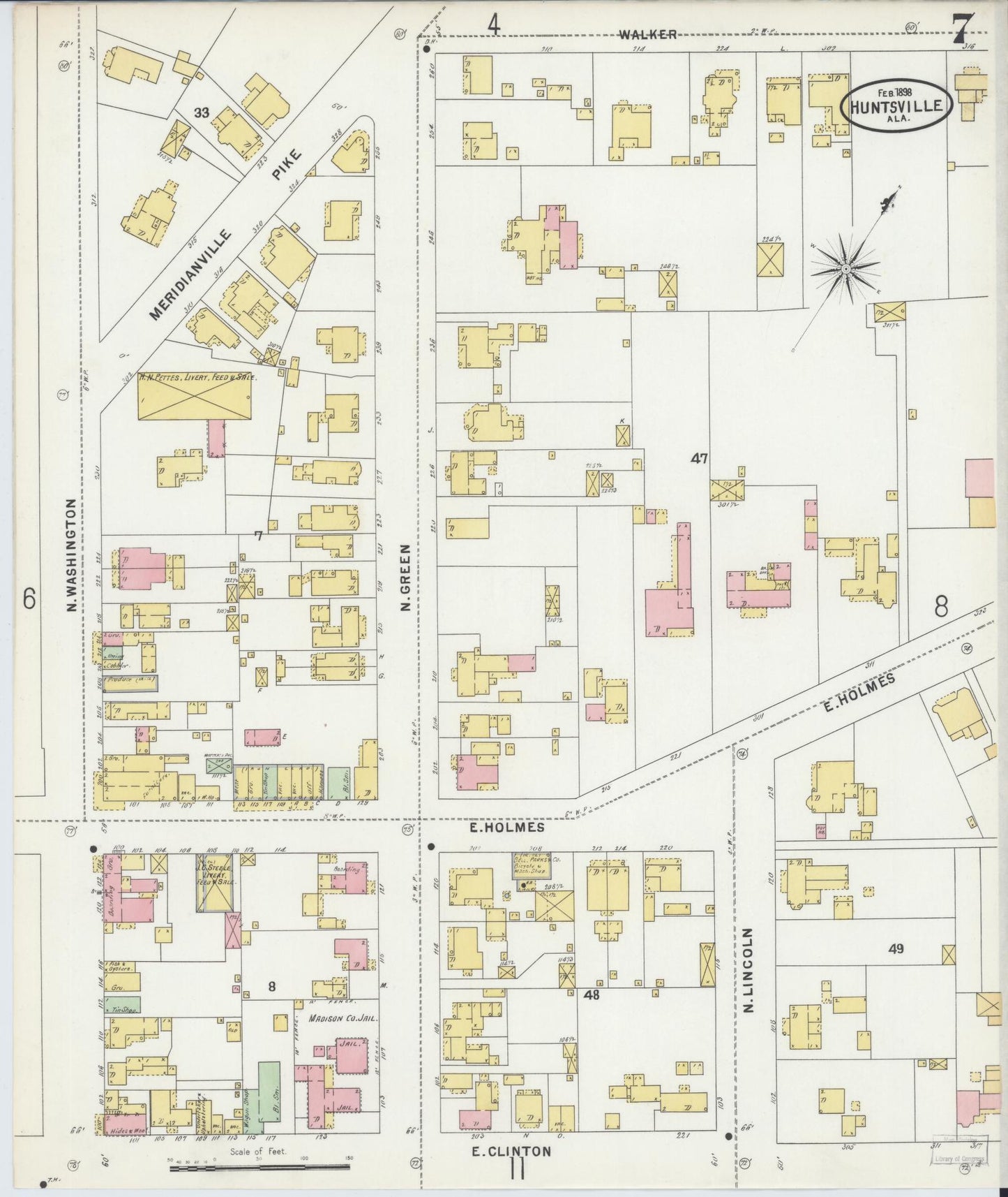 Sanborn Fire Insurance Map from Huntsville, Madison County, Alabama (1898), Sheet #0007 - Complete Map Set gallery image, historic Sanborn map, vintage wall art, Alabama Alabama