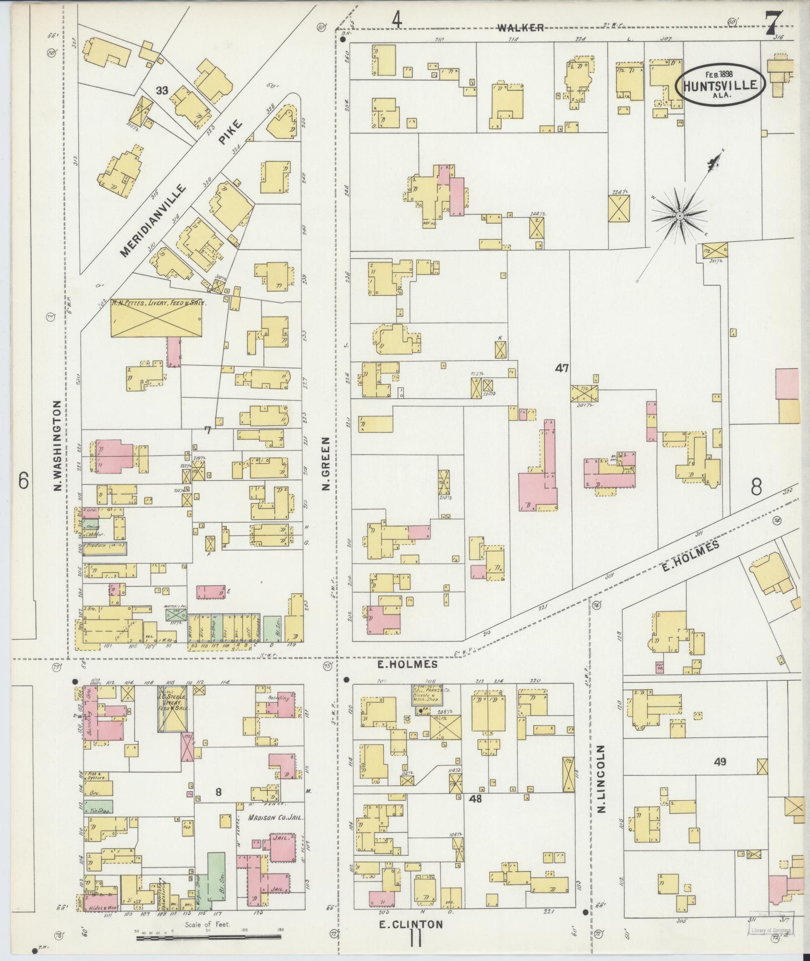 Sanborn Fire Insurance Map from Huntsville, Madison County, Alabama (1898), Sheet #0007 - Complete Map Set gallery image, historic Sanborn map, vintage wall art, Alabama Alabama