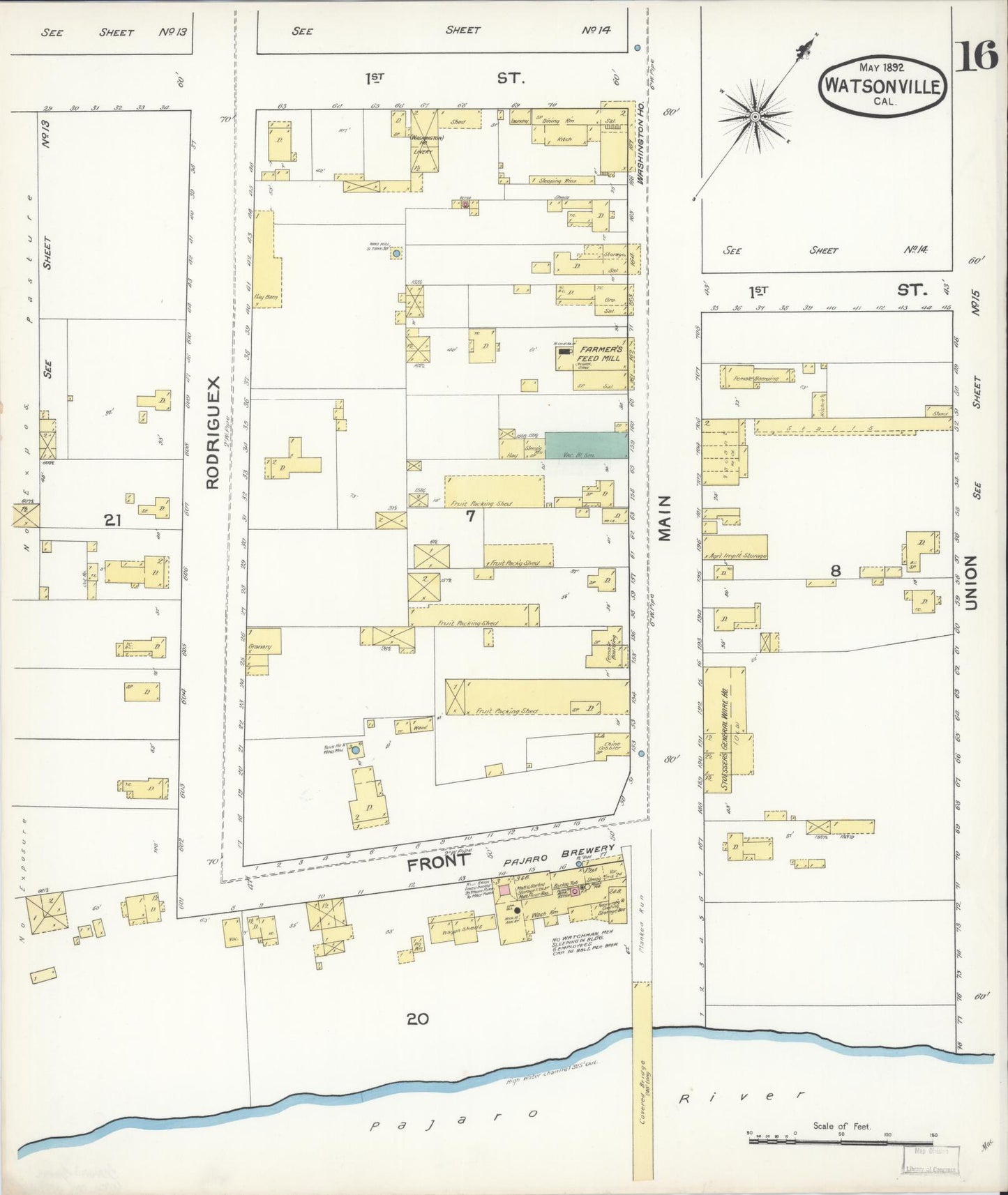 Sanborn Fire Insurance Map from Watsonville, Santa Cruz County, California (1892), Sheet #0016 - Complete Map Set gallery image, historic Sanborn map, vintage wall art, California California