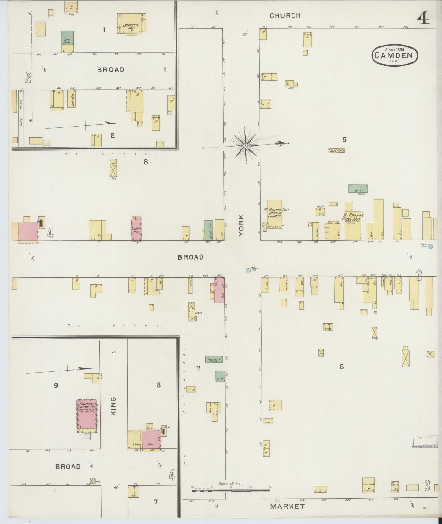 Sanborn Fire Insurance Map from Camden, Kershaw County, South Carolina (1894), Sheet #0004 - Historic Sanborn Fire Insurance Map Print, vintage old map wall art, antique decor, genealogy gift, South Carolina South Carolina map