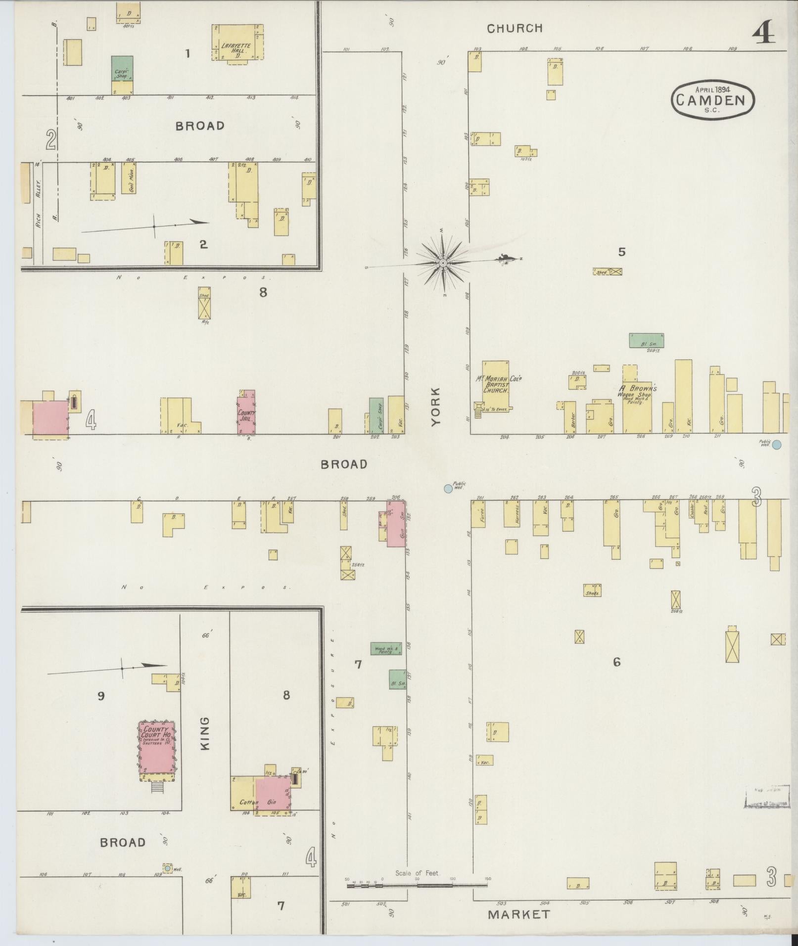Sanborn Fire Insurance Map from Camden, Kershaw County, South Carolina (1894), Sheet #0004 - Historic Sanborn Fire Insurance Map Print, vintage old map wall art, antique decor, genealogy gift, South Carolina South Carolina map