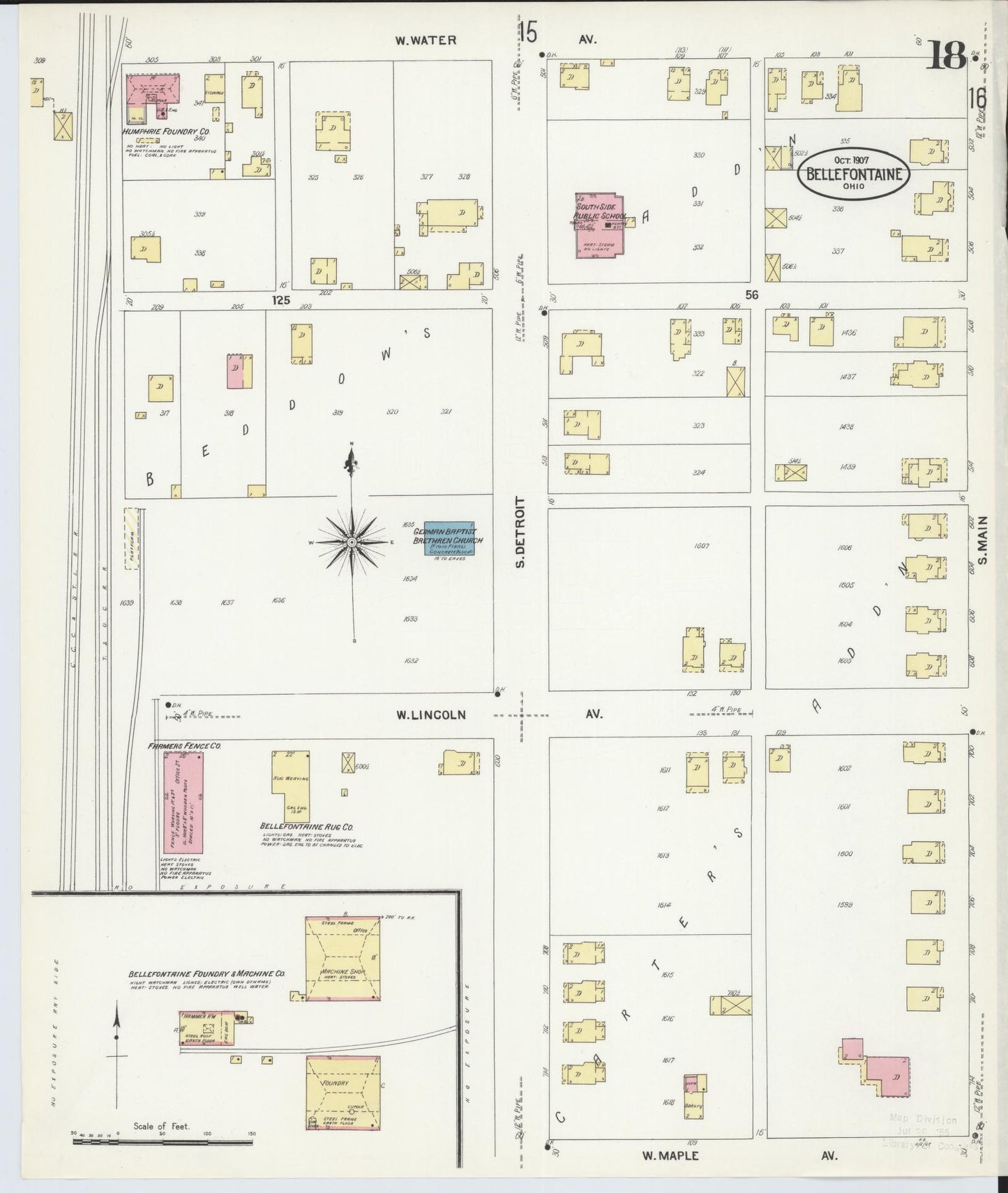 Sanborn Fire Insurance Map from Bellefontaine, Logan County, Ohio (1907), Sheet #0018 - Complete Map Set gallery image, historic Sanborn map, vintage wall art, Ohio Ohio