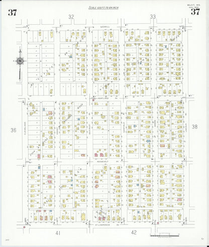 Sanborn Fire Insurance Map from Beloit, Rock County, Wisconsin (1939), Sheet #0037 - Historic Sanborn Fire Insurance Map Print, vintage old map wall art, antique decor, genealogy gift, Wisconsin Wisconsin map