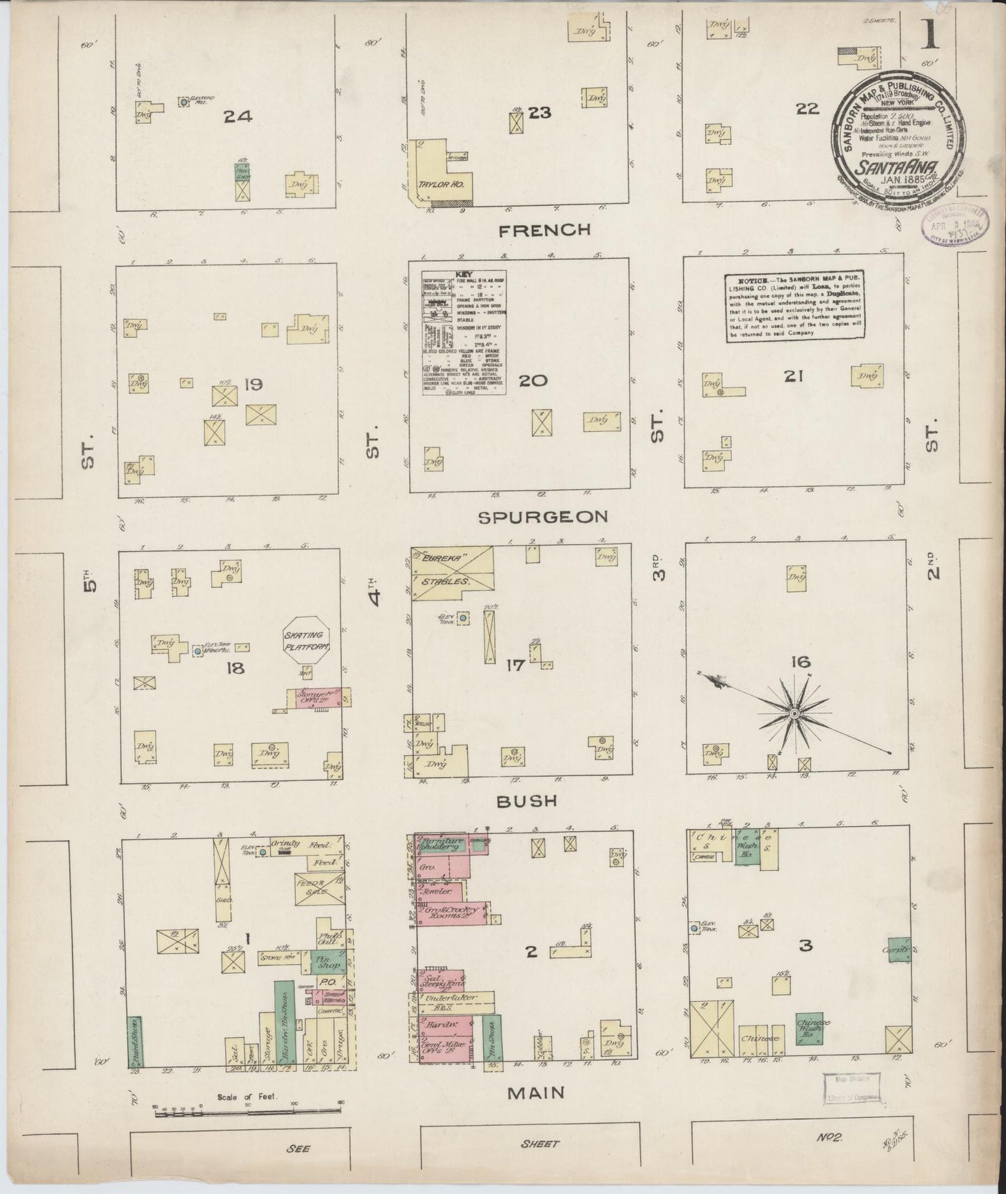 Sanborn Fire Insurance Map from Santa Ana, Orange County, California (1885), Sheet #0001 - Complete Map Set gallery image, historic Sanborn map, vintage wall art, California California