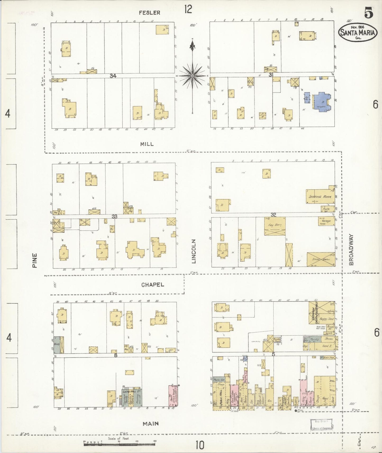 Sanborn Fire Insurance Map from Santa Maria, Santa Barbara County, California (1906), Sheet #0005 - Complete Map Set gallery image, historic Sanborn map, vintage wall art, California California