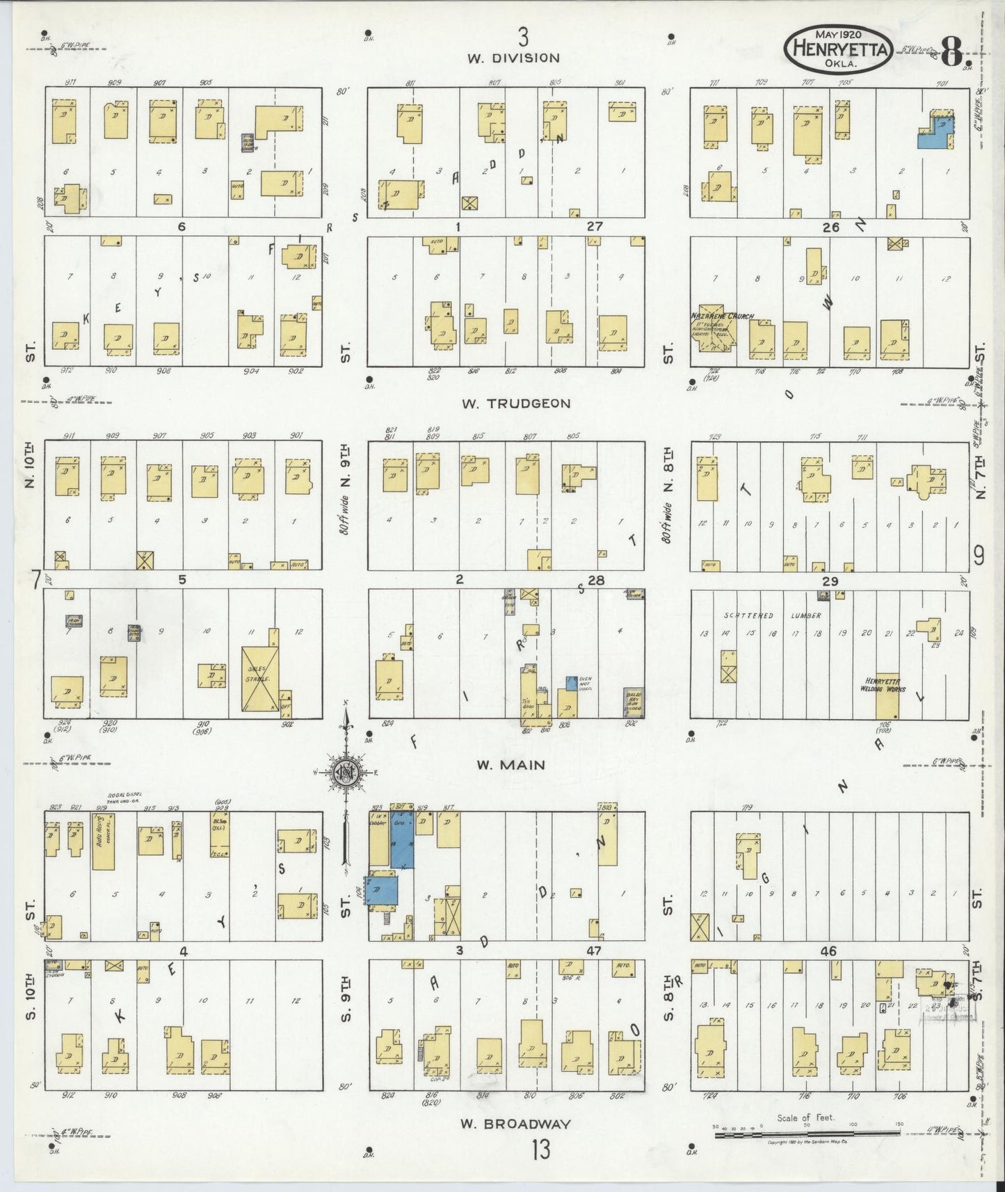 Sanborn Fire Insurance Map from Henryetta, Okmulgee County, Oklahoma (1920), Sheet #0008 - Complete Map Set gallery image, historic Sanborn map, vintage wall art, Oklahoma Oklahoma