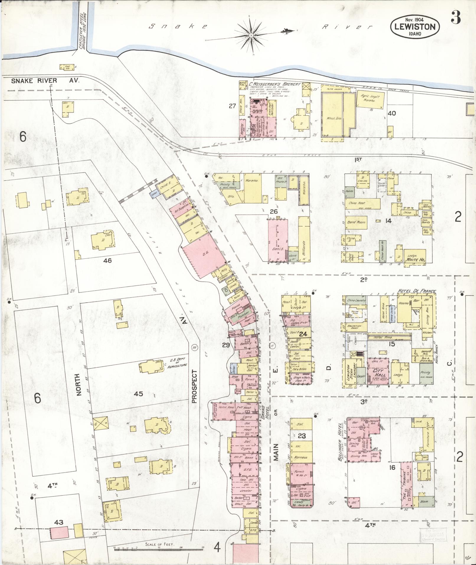 Sanborn Fire Insurance Map from Lewiston, Nez Perce County, Idaho (1904), Sheet #0003 - Historic Sanborn Fire Insurance Map Print, vintage old map wall art, antique decor, genealogy gift, Idaho Idaho map