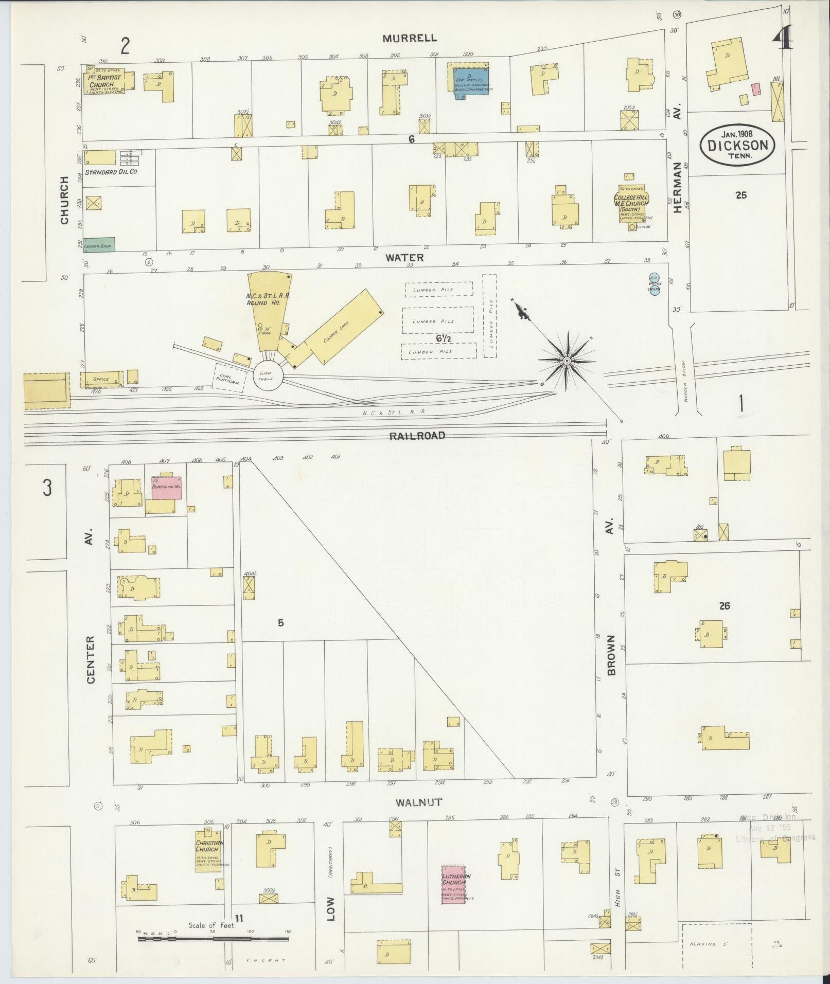 Sanborn Fire Insurance Map from Dickson, Dickson County, Tennessee (1908), Sheet #0004 - Historic Sanborn Fire Insurance Map Print, vintage old map wall art, antique decor, genealogy gift, Tennessee Tennessee map