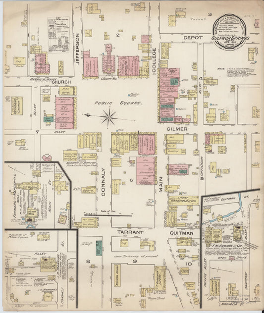 Sanborn Fire Insurance Map from Sulphur Springs, Hopkins County, Texas (1885), Sheet #0001 - Historic Sanborn Fire Insurance Map Print, vintage old map wall art, antique decor, genealogy gift, Texas Texas map