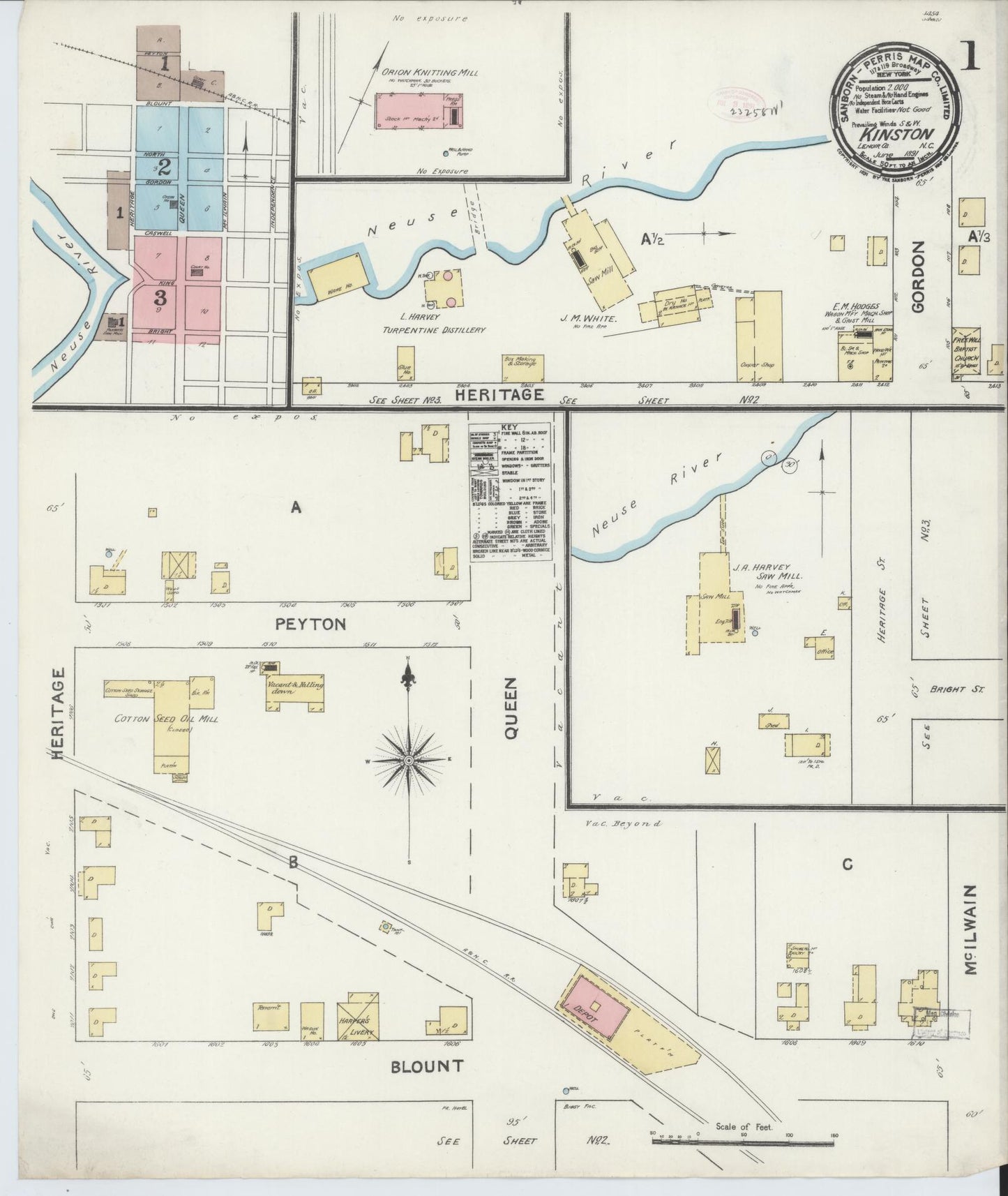 Sanborn Fire Insurance Map from Kinston, Lenoir County, North Carolina (1891), Sheet #0001 - Complete Map Set gallery image, historic Sanborn map, vintage wall art, North Carolina North Carolina