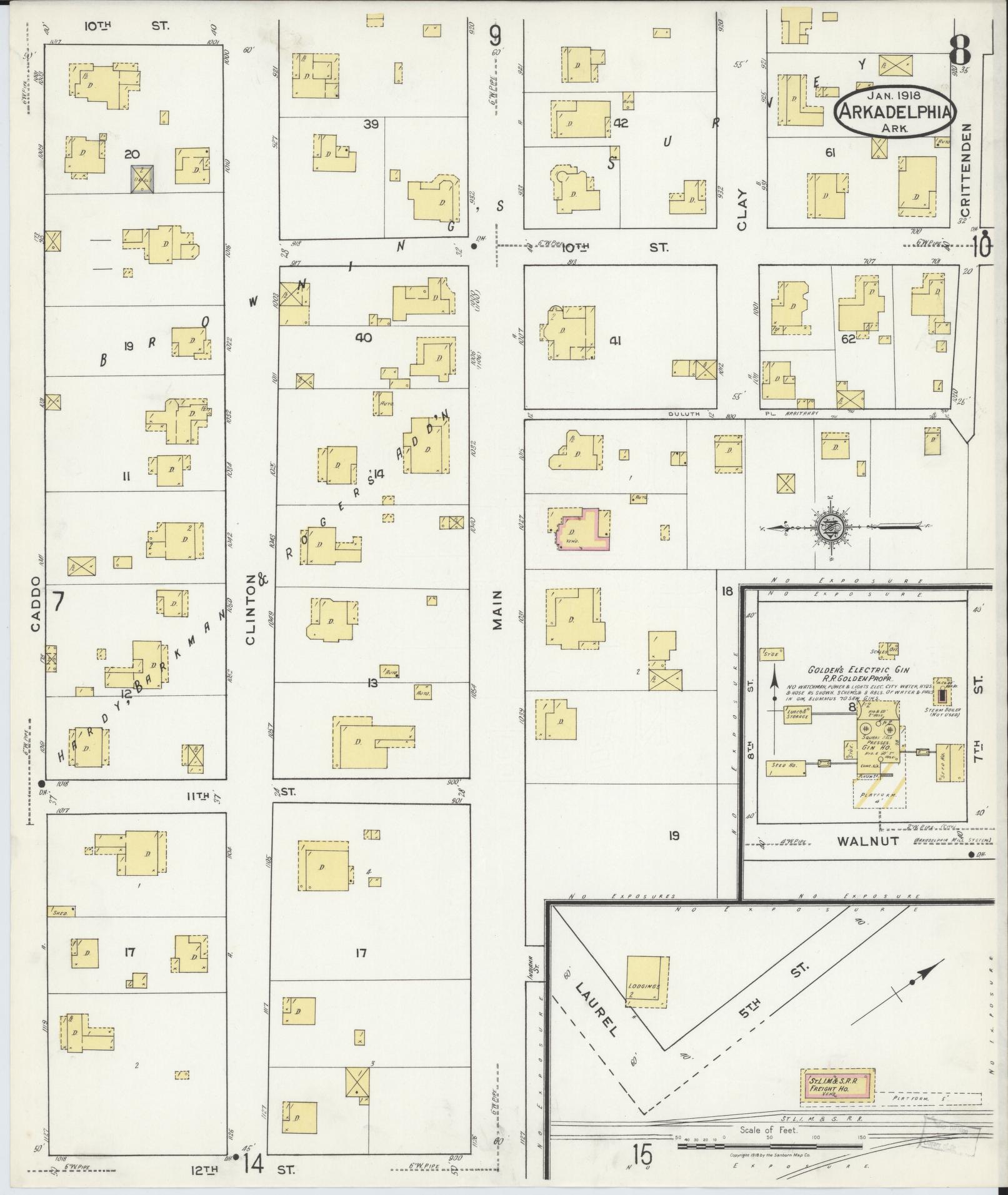 Sanborn Fire Insurance Map from Arkadelphia, Clark County, Arkansas (1918), Sheet #0008 - Complete Map Set gallery image, historic Sanborn map, vintage wall art, Arkansas Arkansas