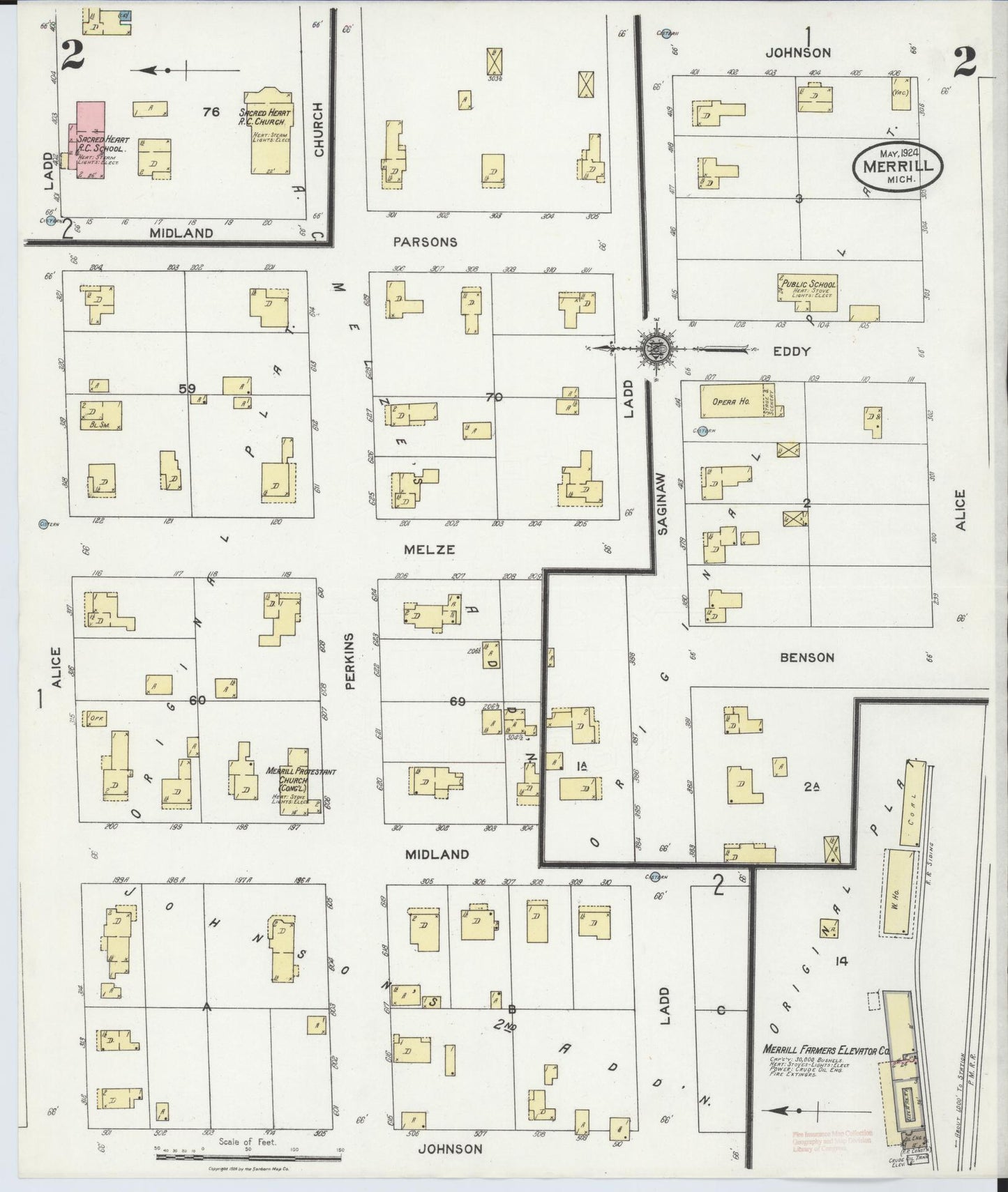 Sanborn Fire Insurance Map from Merrill, Saginaw County, Michigan (1924), Sheet #0002 - Complete Map Set gallery image, historic Sanborn map, vintage wall art, Michigan Michigan