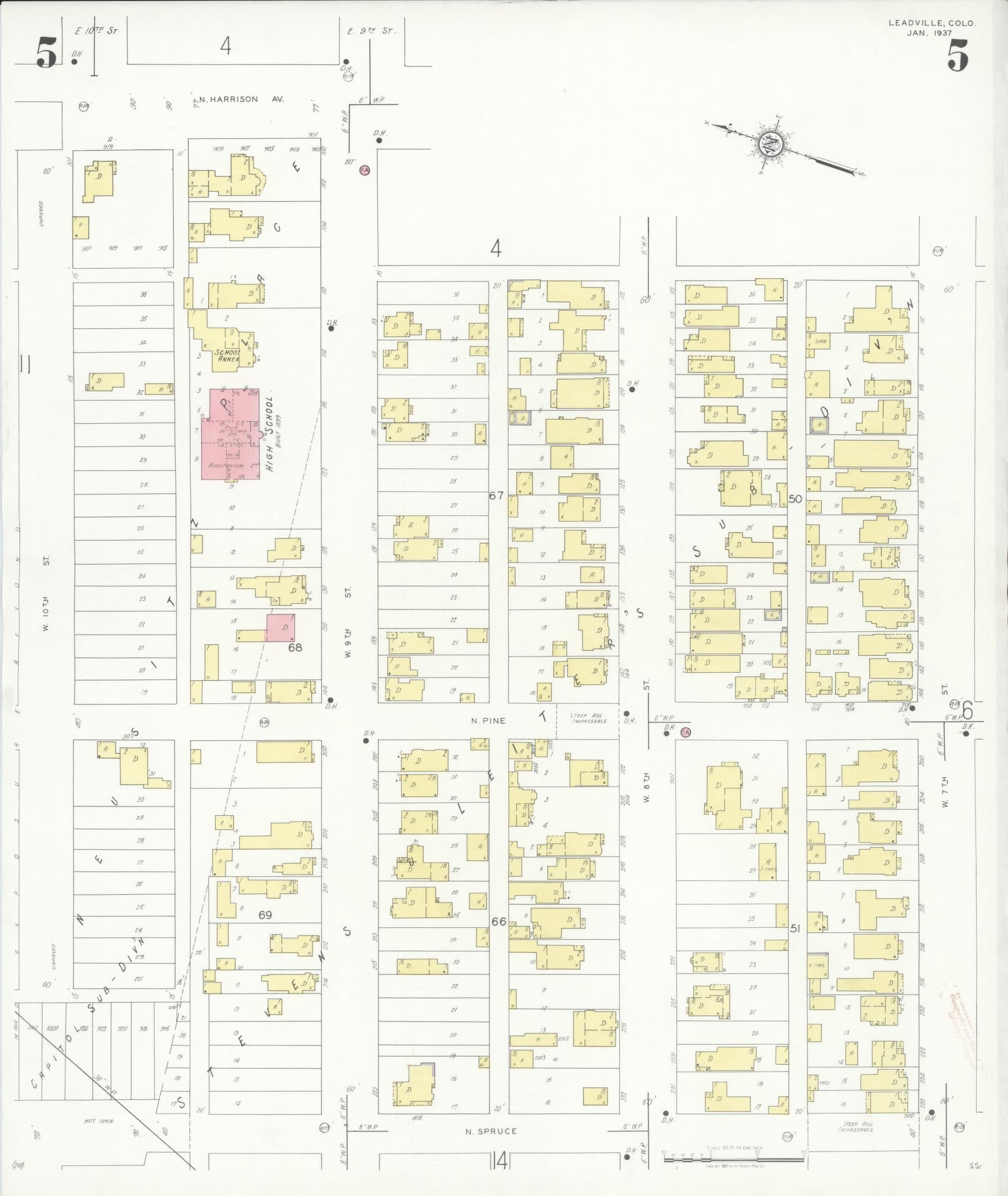 Sanborn Fire Insurance Map from Leadville, Lake County, Colorado (1937), Sheet #0005 - Historic Sanborn Fire Insurance Map Print, vintage old map wall art, antique decor, genealogy gift, Colorado Colorado map