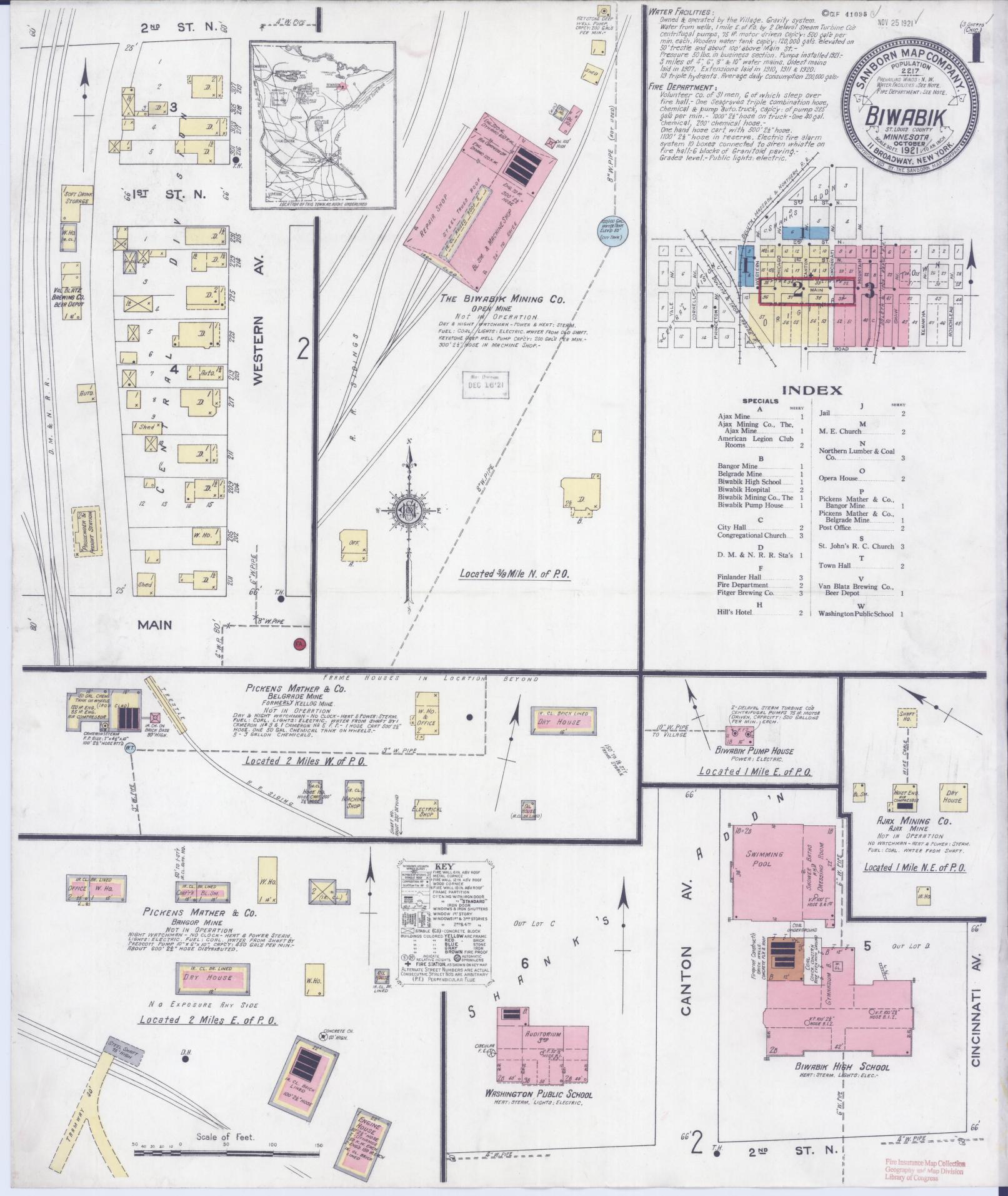 Sanborn Fire Insurance Map from Biwabik, Saint Louis County, Minnesota (1921), Sheet #0001 - Complete Map Set gallery image, historic Sanborn map, vintage wall art, Minnesota Minnesota