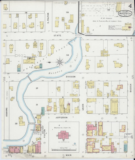 Sanborn Fire Insurance Map from Waupaca, Waupaca County, Wisconsin (1895), Sheet #0004 - Historic Sanborn Fire Insurance Map Print, vintage old map wall art, antique decor, genealogy gift, Wisconsin Wisconsin map
