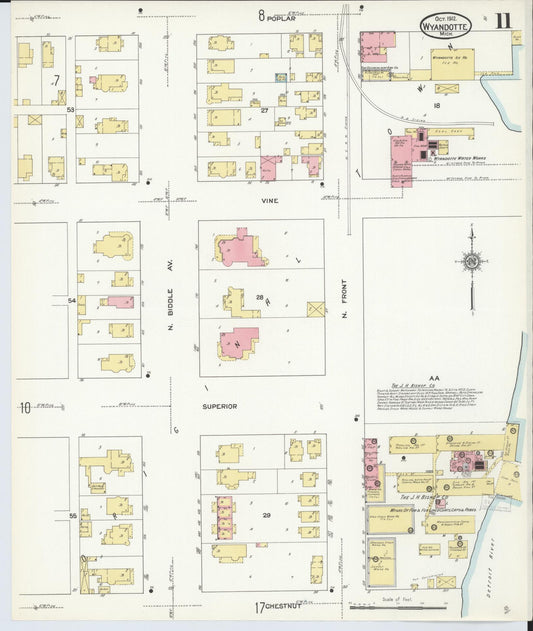 Sanborn Fire Insurance Map from Wyandotte, Wayne County, Michigan (1912), Sheet #0011 - Historic Sanborn Fire Insurance Map Print, vintage old map wall art, antique decor, genealogy gift, Michigan Michigan map