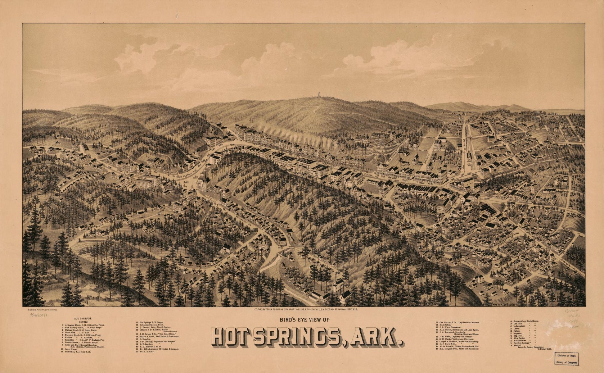 Bird's eye view of Hot Springs, Ark. (1888) – Historic Bird’s-Eye View Panorama Print
