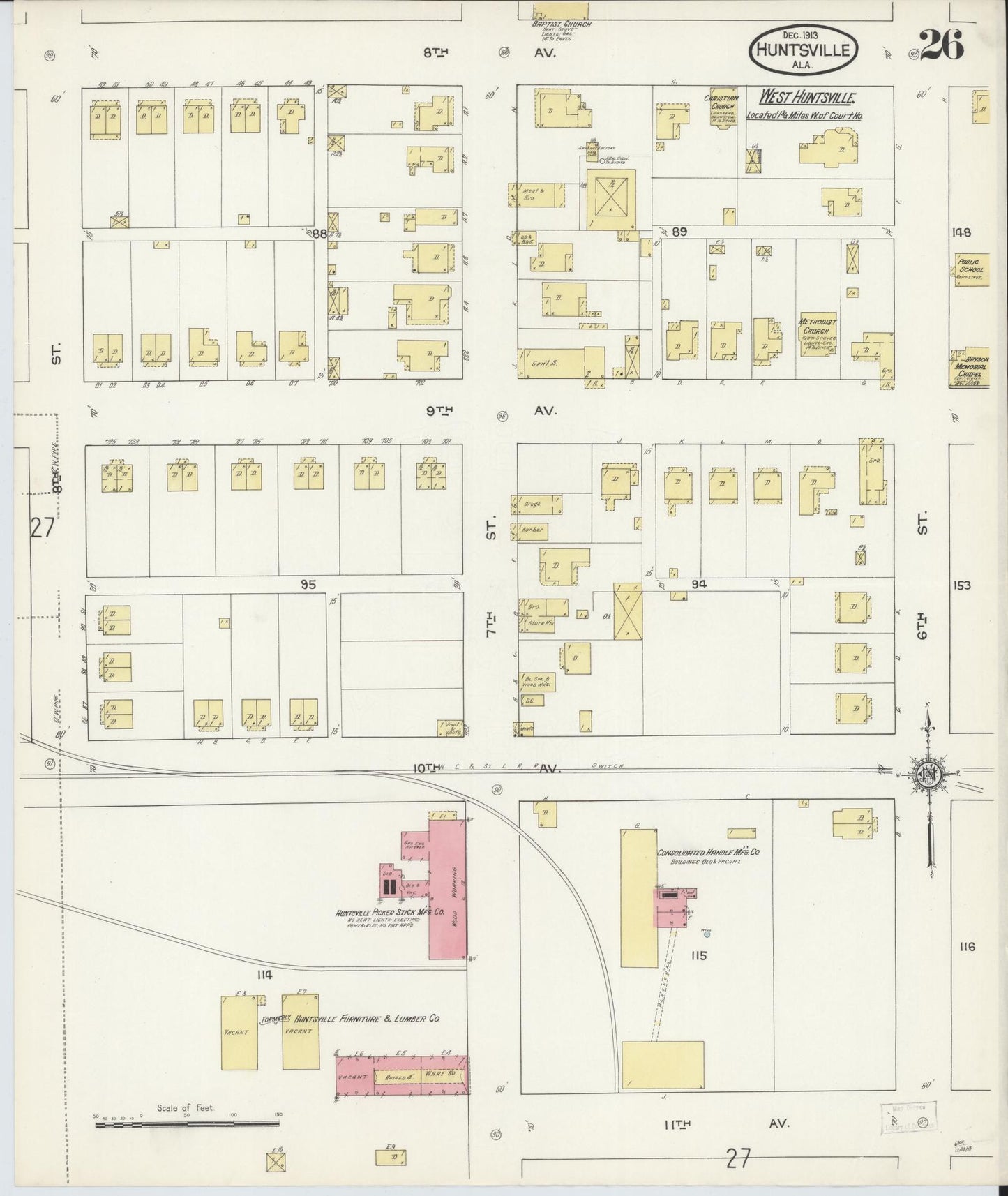 Sanborn Fire Insurance Map from Huntsville, Madison County, Alabama (1913), Sheet #0026 - Complete Map Set gallery image, historic Sanborn map, vintage wall art, Alabama Alabama