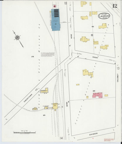 Sanborn Fire Insurance Map from Laurium, Houghton County, Michigan (1917), Sheet #0012 - Historic Sanborn Fire Insurance Map Print, vintage old map wall art, antique decor, genealogy gift, Michigan Michigan map