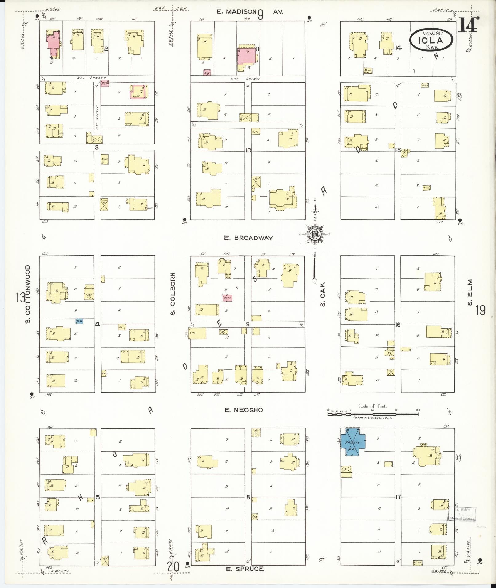 Sanborn Fire Insurance Map from Iola, Allen County, Kansas (1917), Sheet #0014 - Historic Sanborn Fire Insurance Map Print, vintage old map wall art, antique decor, genealogy gift, Kansas Kansas map