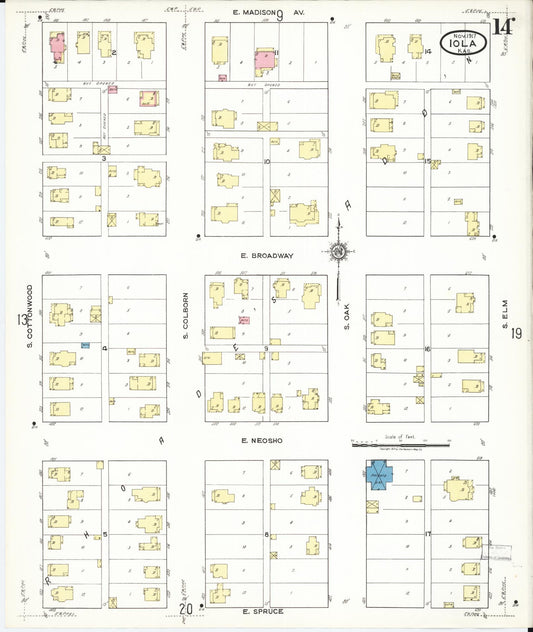 Sanborn Fire Insurance Map from Iola, Allen County, Kansas (1917), Sheet #0014 - Historic Sanborn Fire Insurance Map Print, vintage old map wall art, antique decor, genealogy gift, Kansas Kansas map