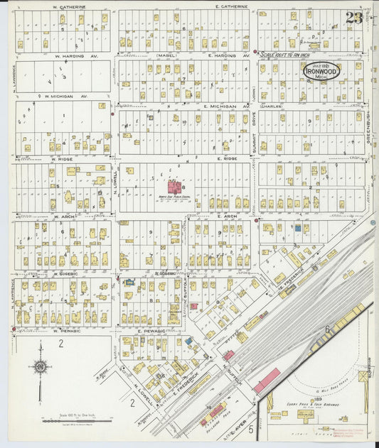 Sanborn Fire Insurance Map from Ironwood, Gogebic County, Michigan (1921), Sheet #0023 - Historic Sanborn Fire Insurance Map Print, vintage old map wall art, antique decor, genealogy gift, Michigan Michigan map
