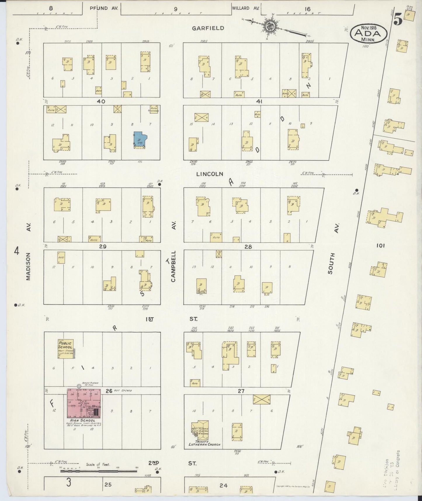 Sanborn Fire Insurance Map from Ada, Norman County, Minnesota (1916), Sheet #0005 - Historic Sanborn Fire Insurance Map Print, vintage old map wall art, antique decor, genealogy gift, Minnesota Minnesota map